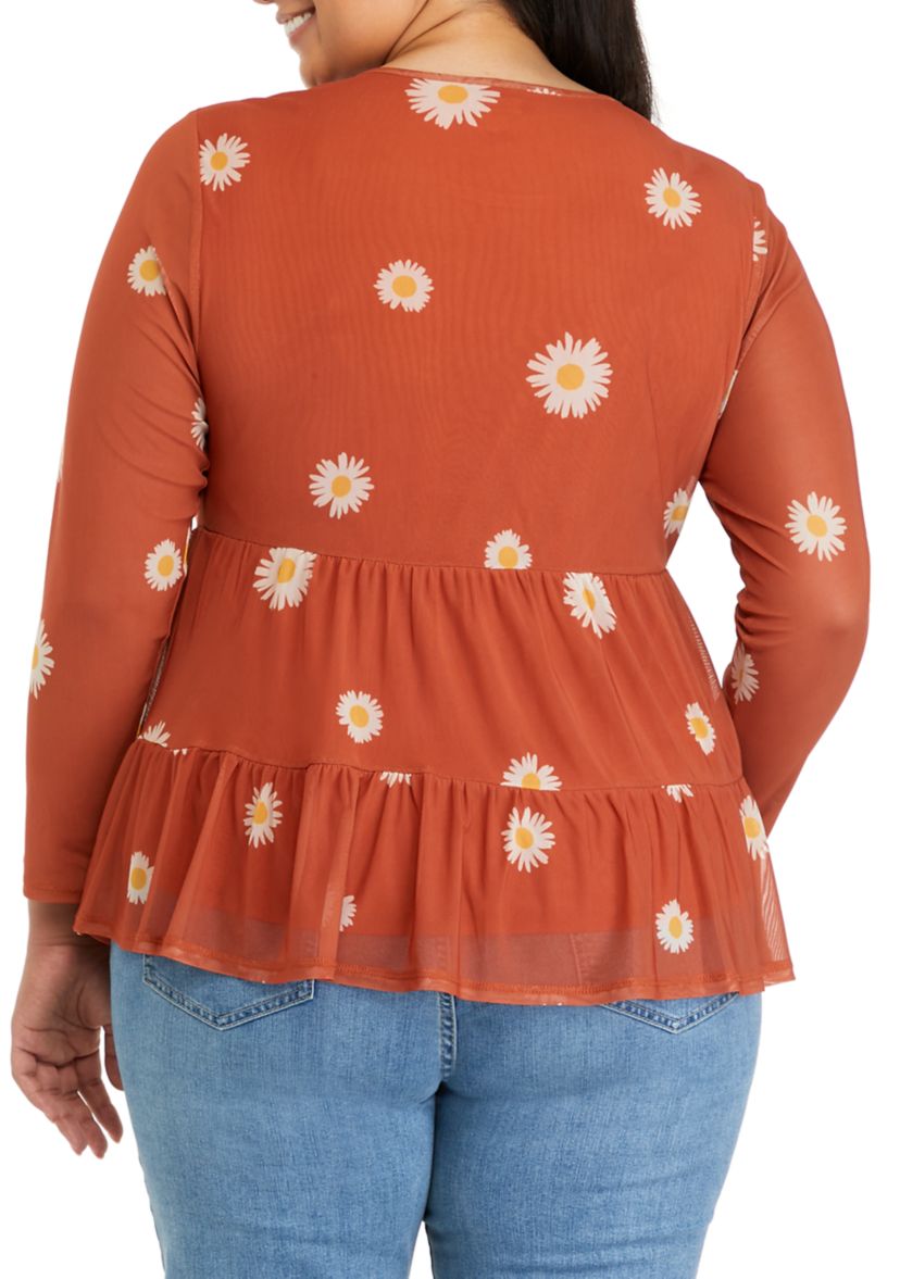 Plus Size Long Sleeve Mesh Babydoll Top