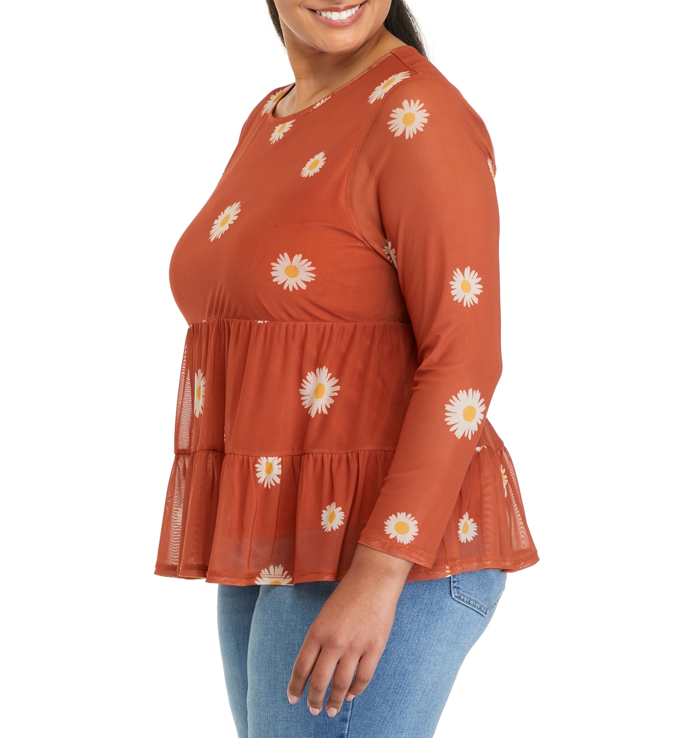 Plus Size Long Sleeve Mesh Babydoll Top