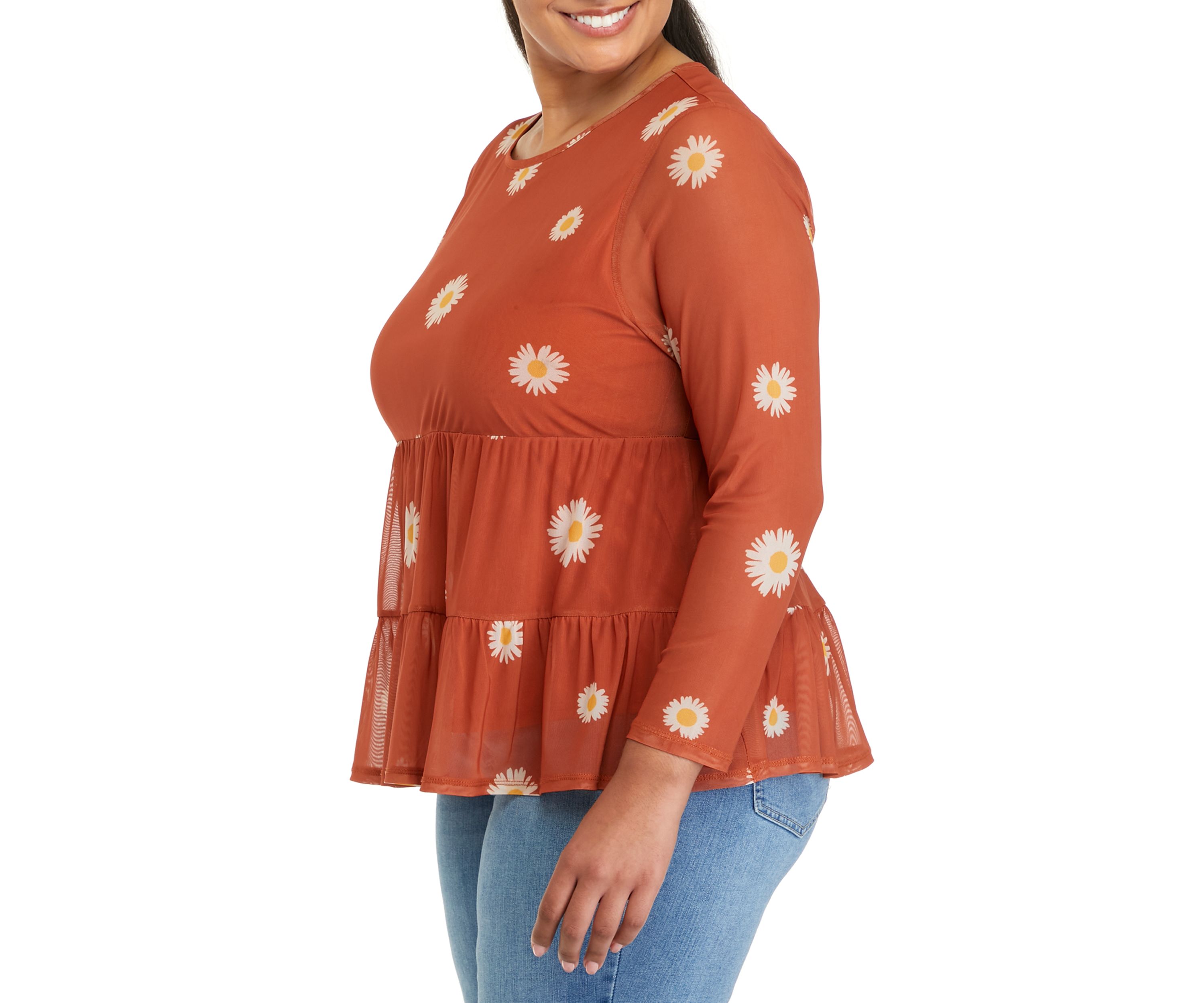 Plus Size Long Sleeve Mesh Babydoll Top