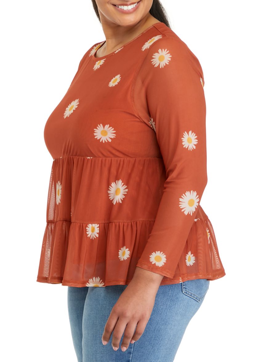 Plus Size Long Sleeve Mesh Babydoll Top