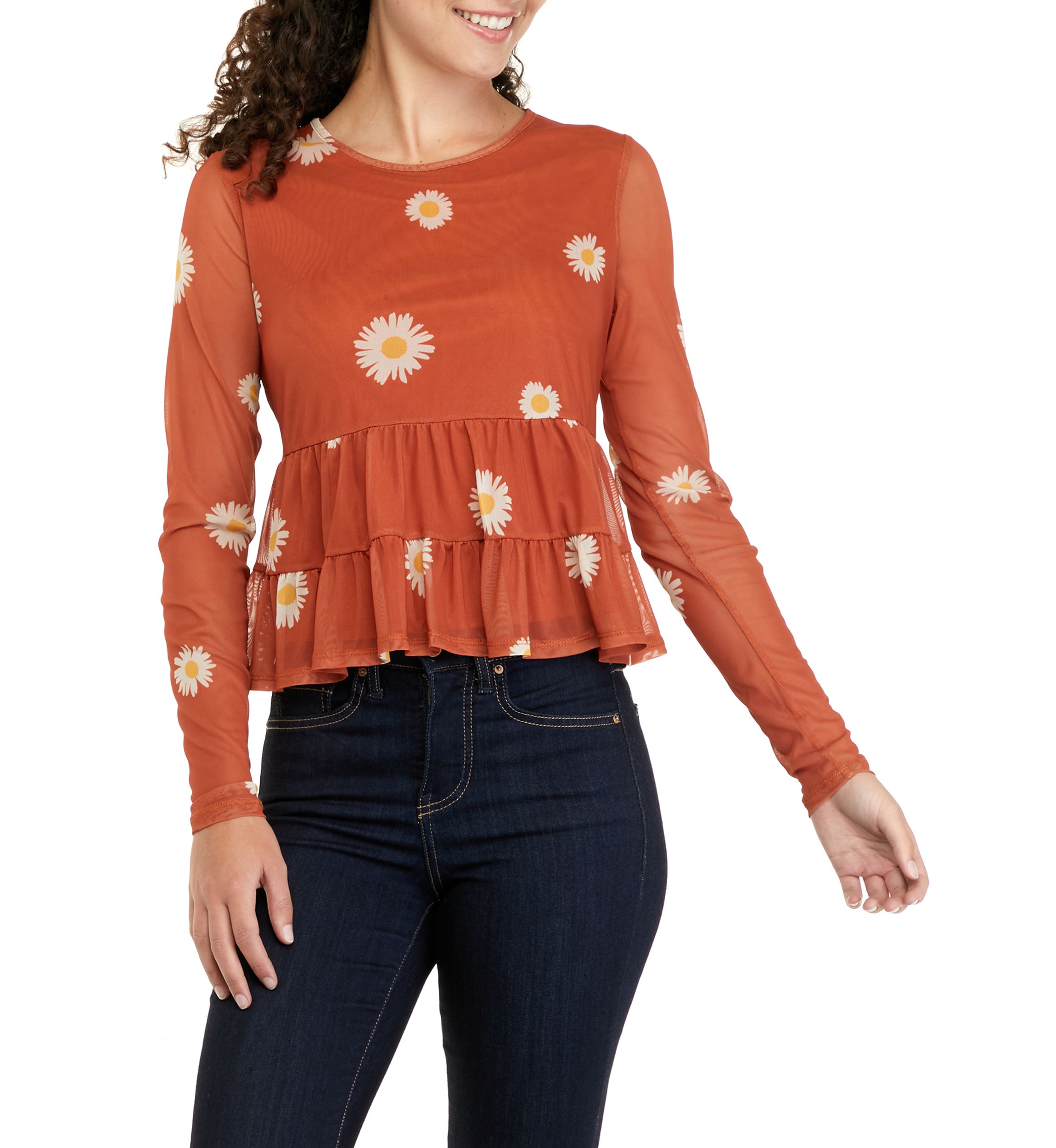 Juniors Long Sleeve Mesh Babydoll Top