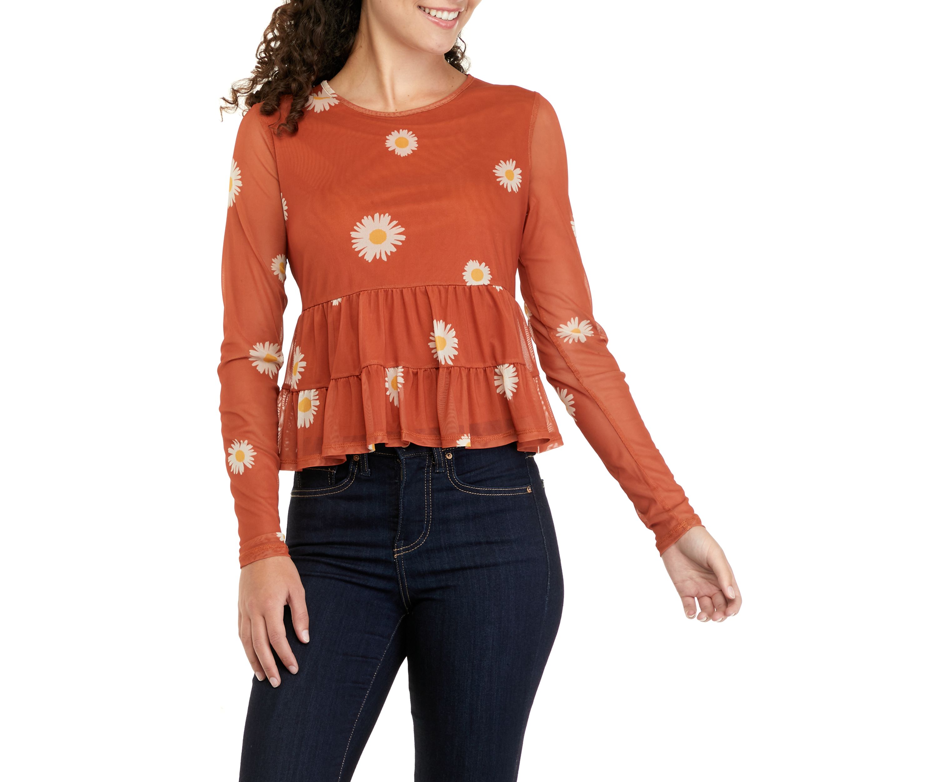 Juniors Long Sleeve Mesh Babydoll Top