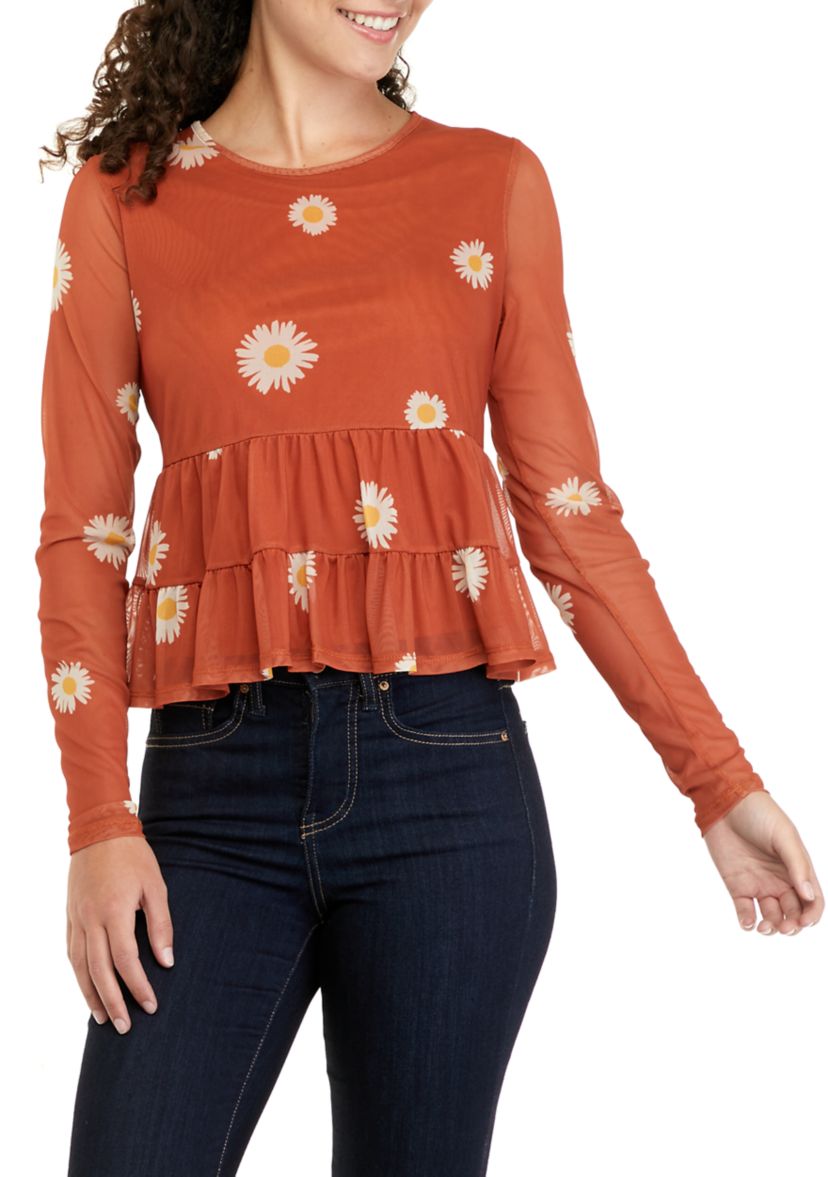 Juniors Long Sleeve Mesh Babydoll Top