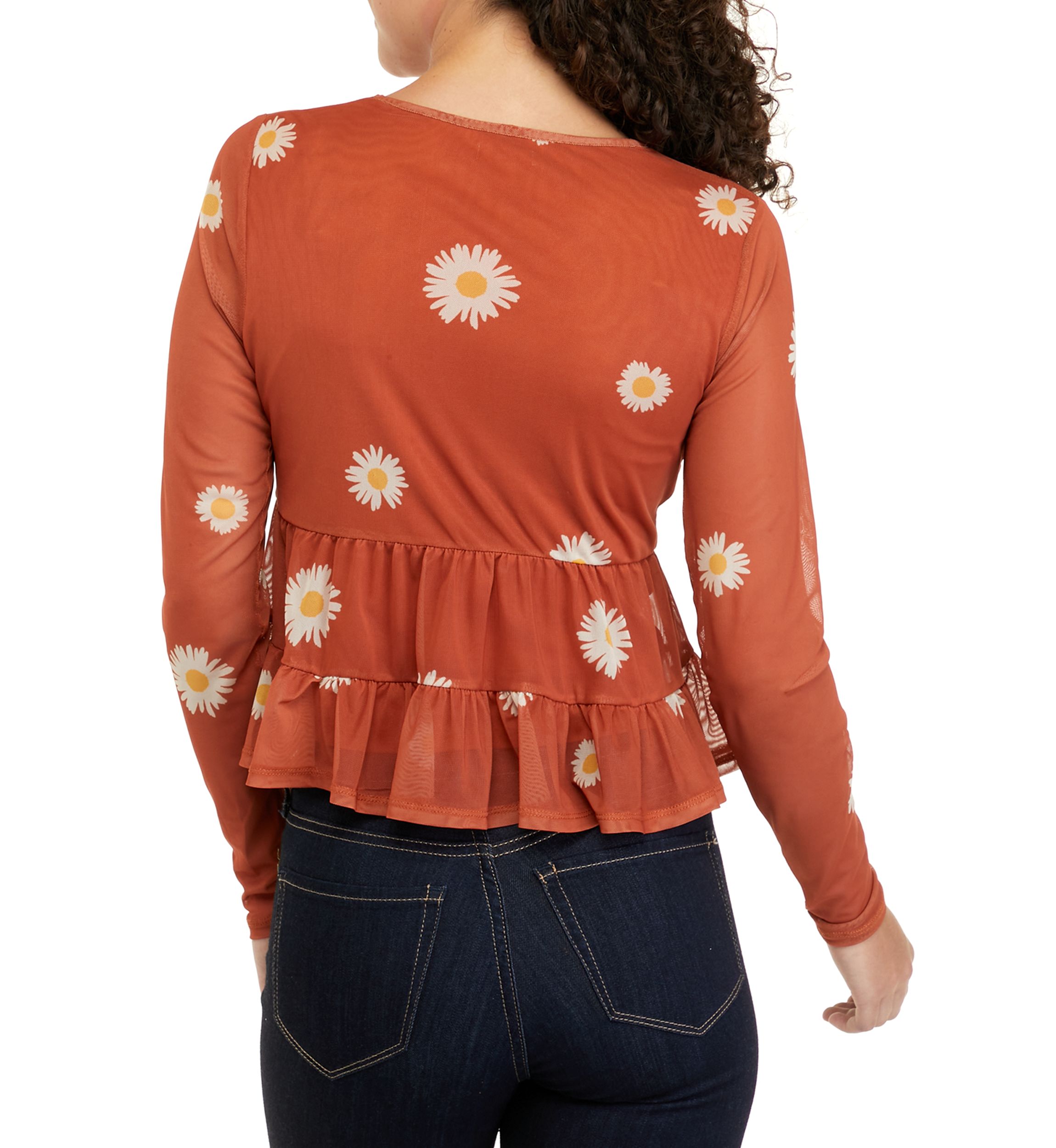 Juniors Long Sleeve Mesh Babydoll Top