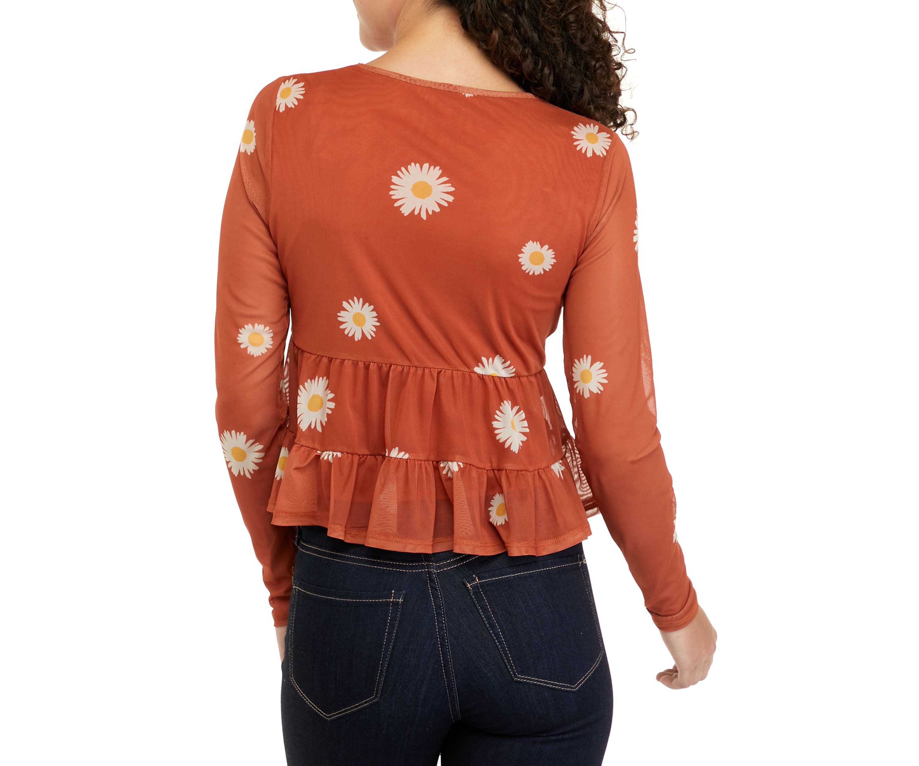 Juniors Long Sleeve Mesh Babydoll Top