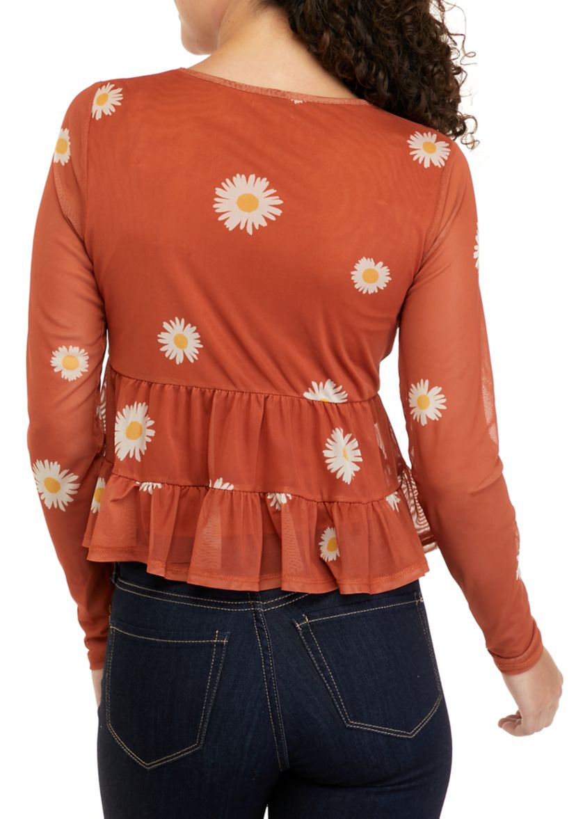 Juniors Long Sleeve Mesh Babydoll Top