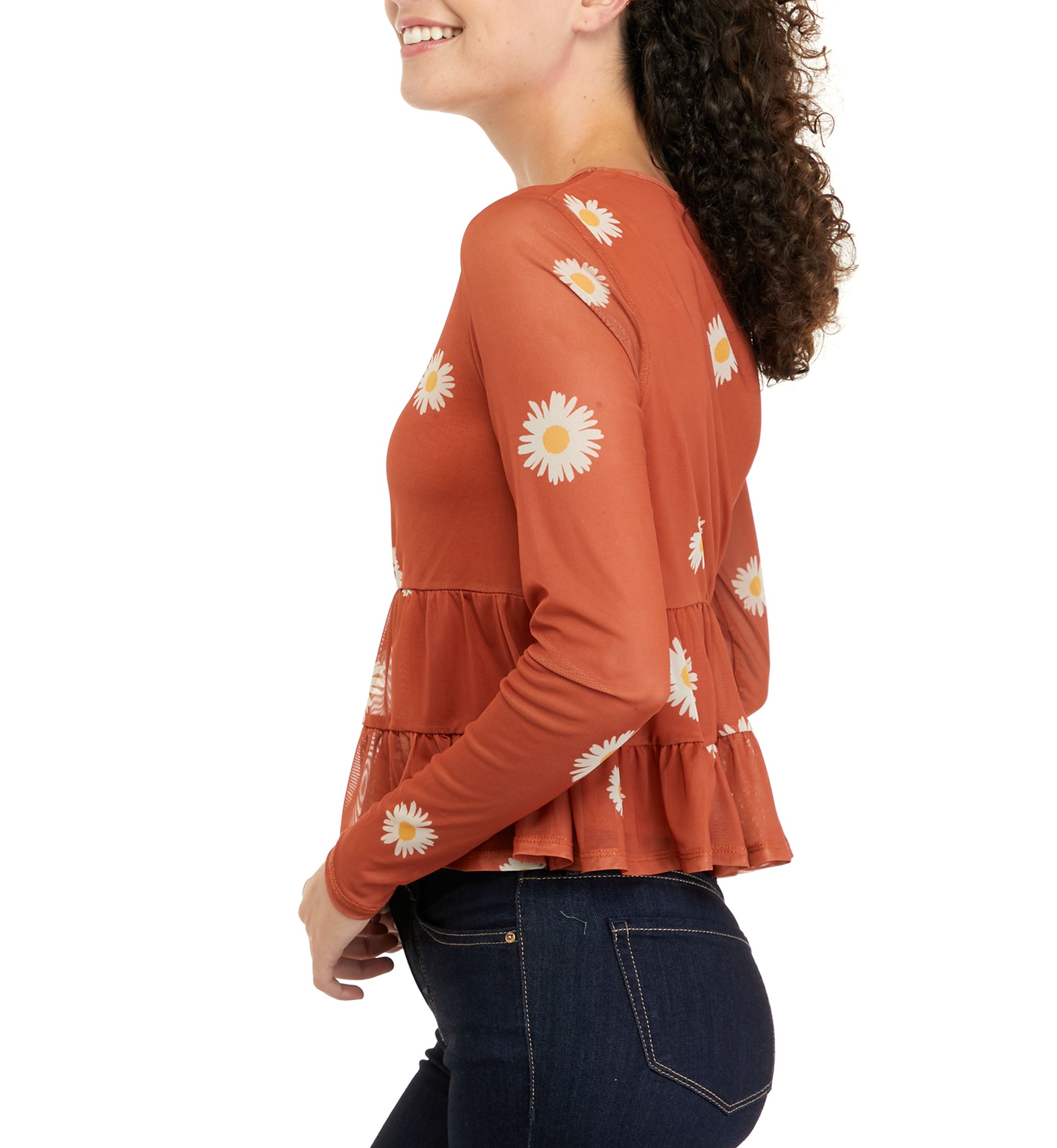 Juniors Long Sleeve Mesh Babydoll Top
