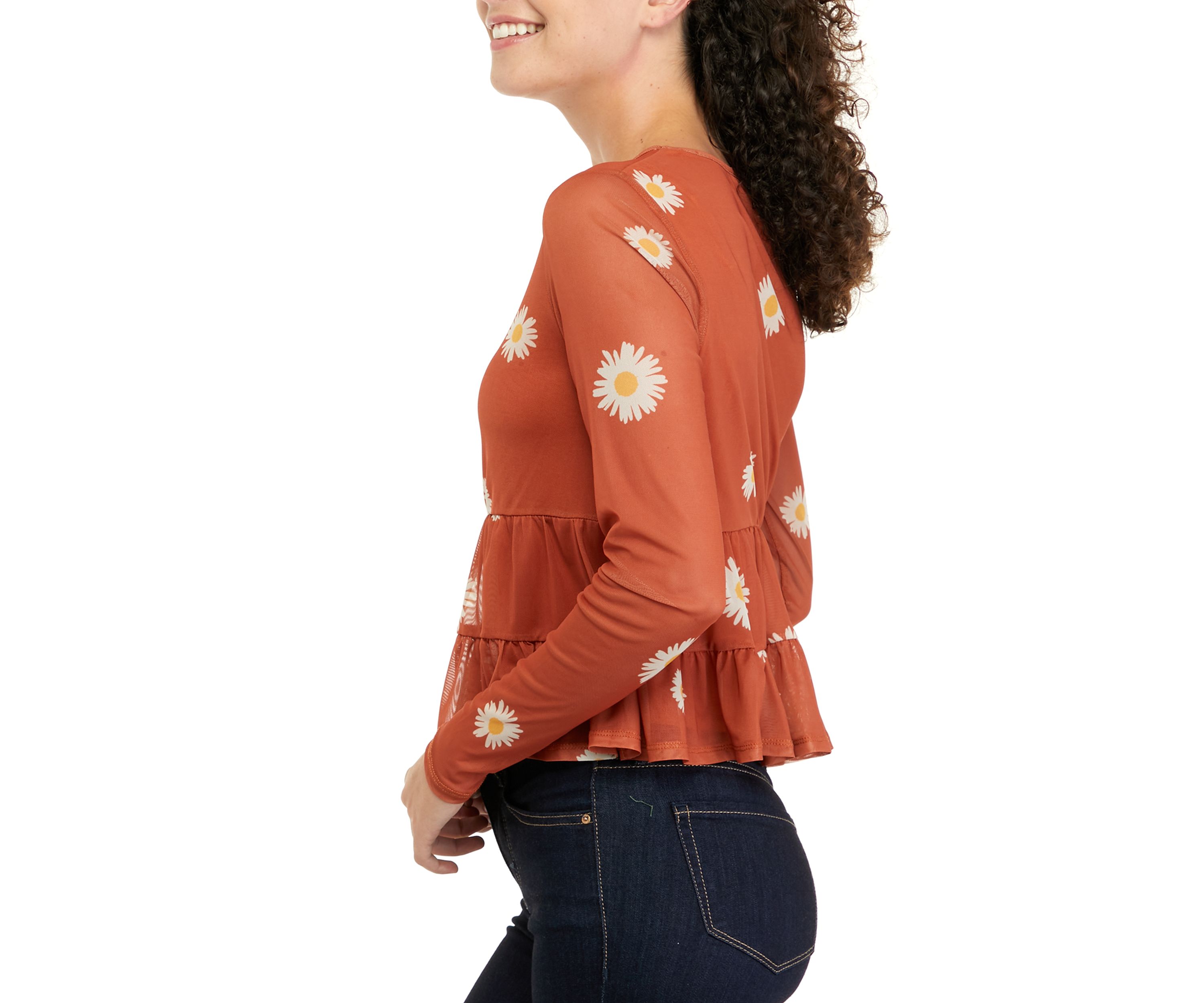 Juniors Long Sleeve Mesh Babydoll Top