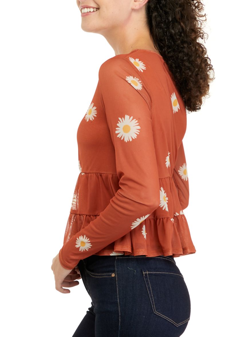 Juniors Long Sleeve Mesh Babydoll Top