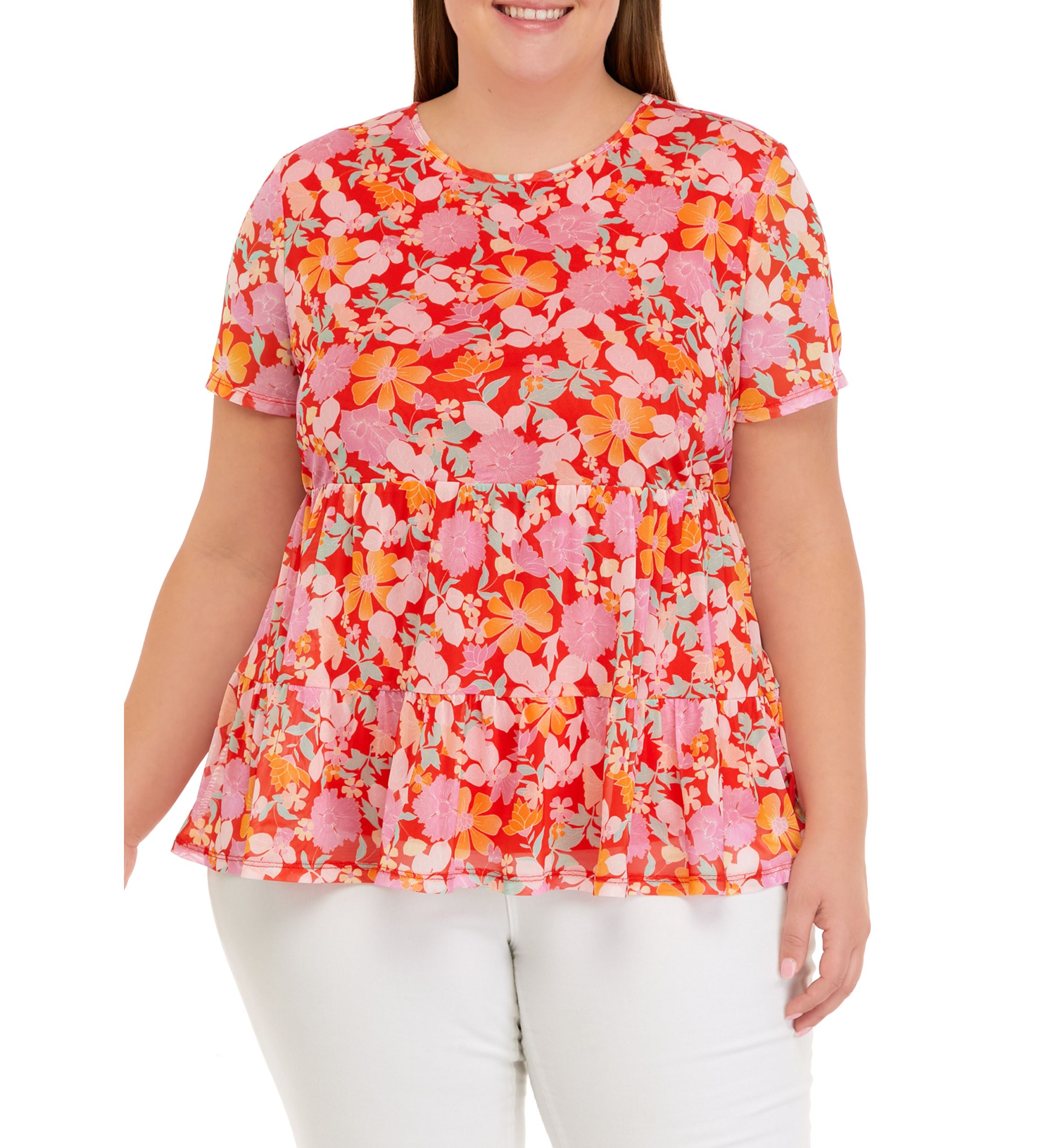 Plus Size Flutter Sleeve Floral Babydoll Shirt 