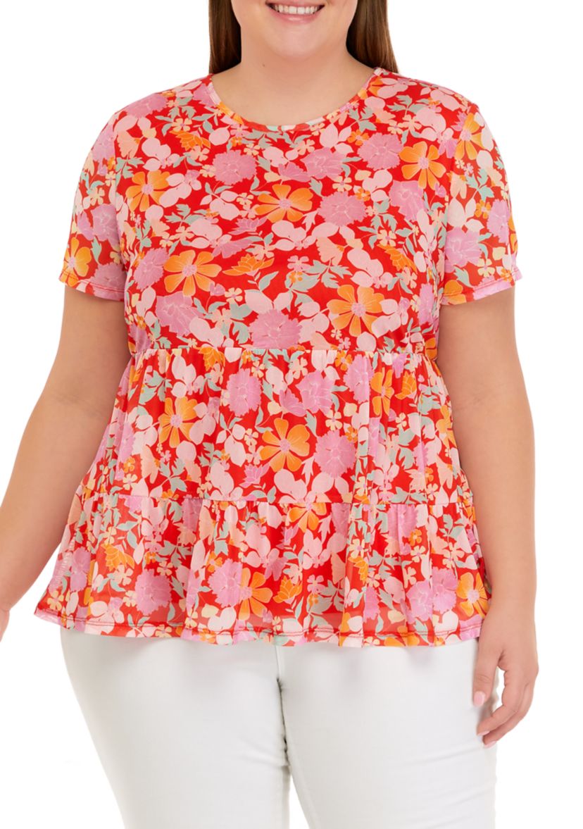 Plus Size Flutter Sleeve Floral Babydoll Shirt 
