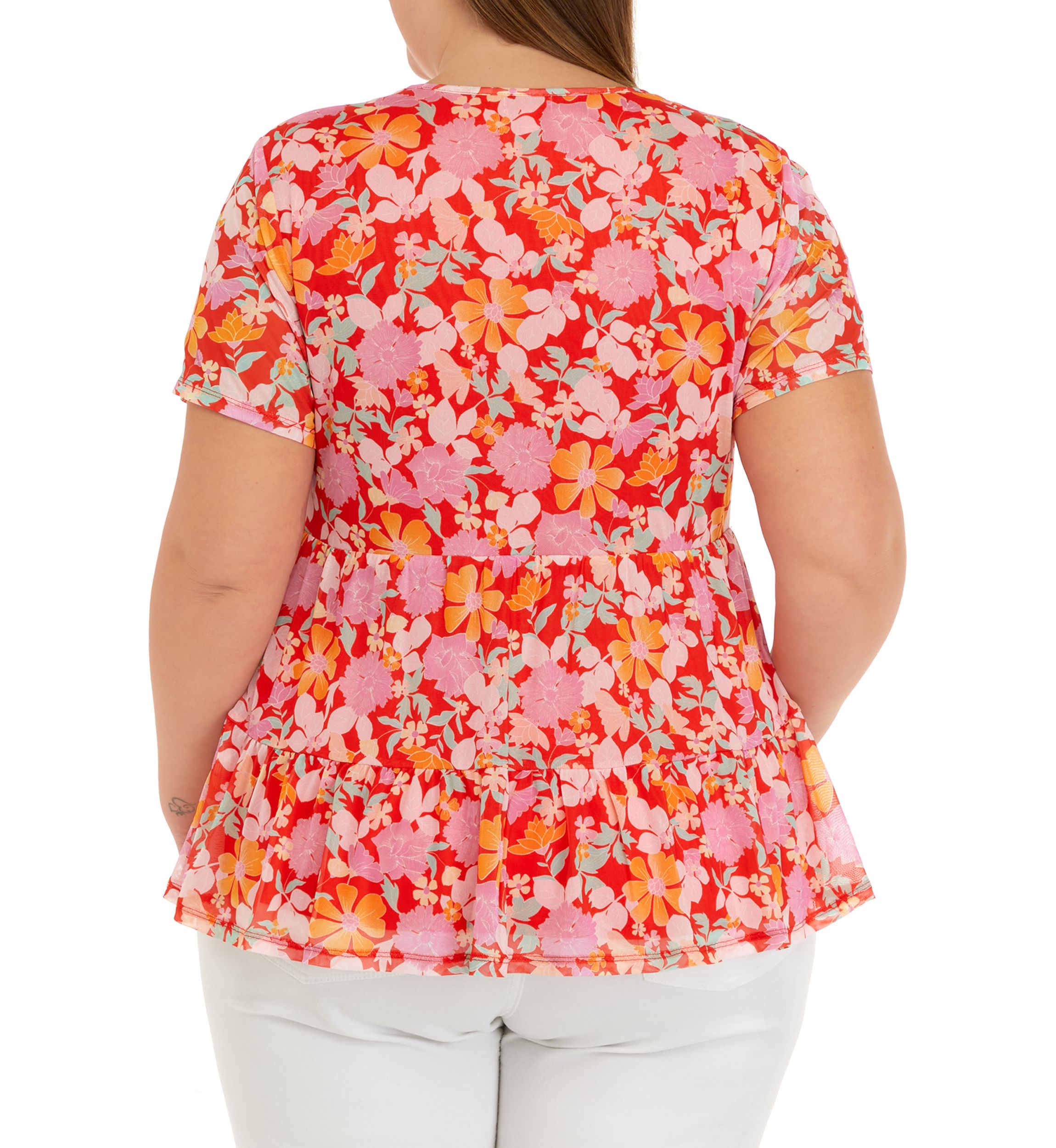 Plus Size Flutter Sleeve Floral Babydoll Shirt 
