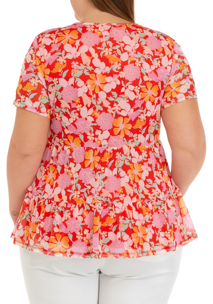 Plus Size Flutter Sleeve Floral Babydoll Shirt 