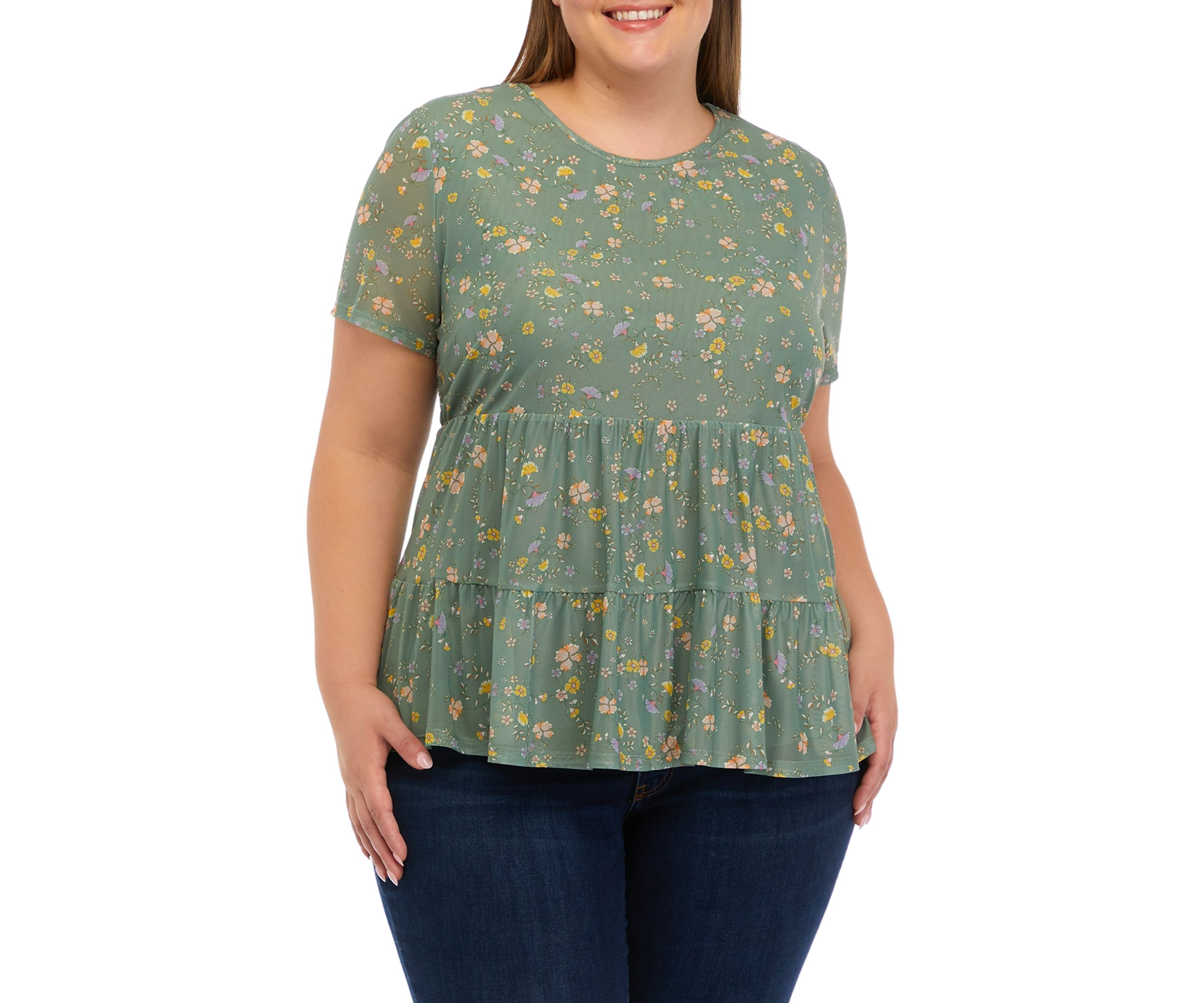Plus Size Printed Mesh Knit Babydoll Top