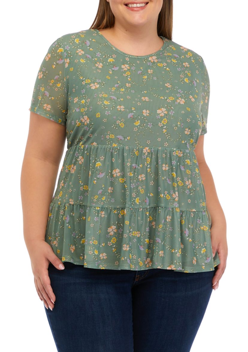 Plus Size Printed Mesh Knit Babydoll Top