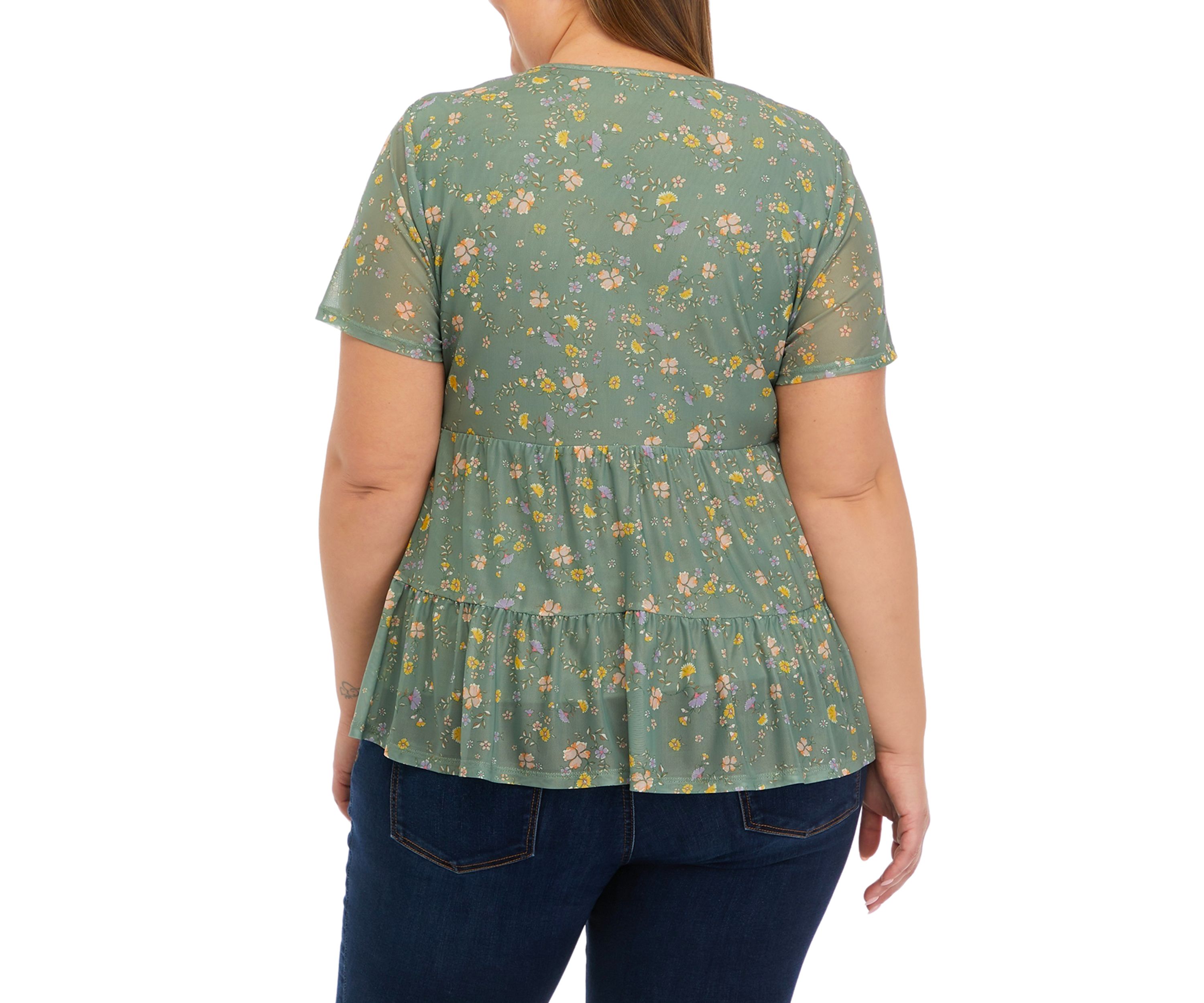 Plus Size Printed Mesh Knit Babydoll Top