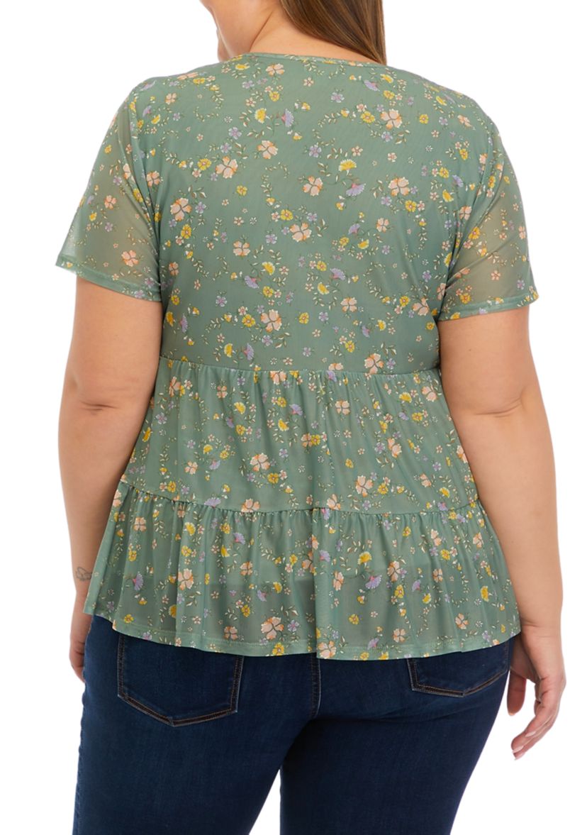 Plus Size Printed Mesh Knit Babydoll Top