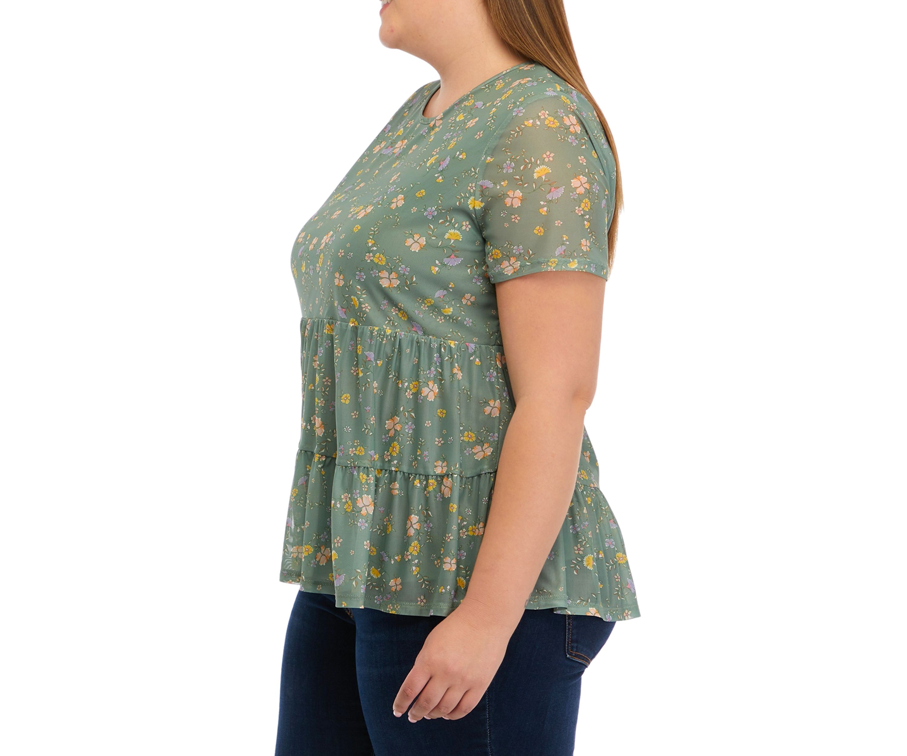 Plus Size Printed Mesh Knit Babydoll Top