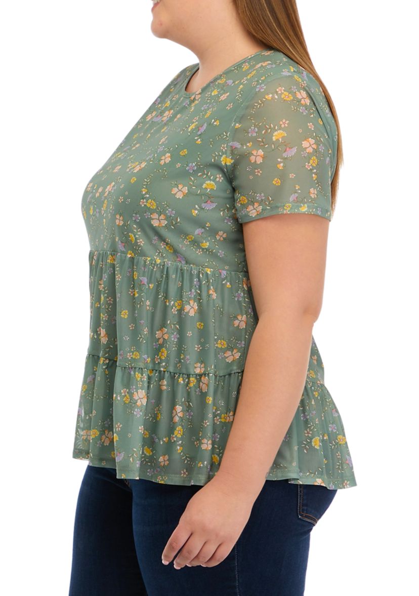 Plus Size Printed Mesh Knit Babydoll Top
