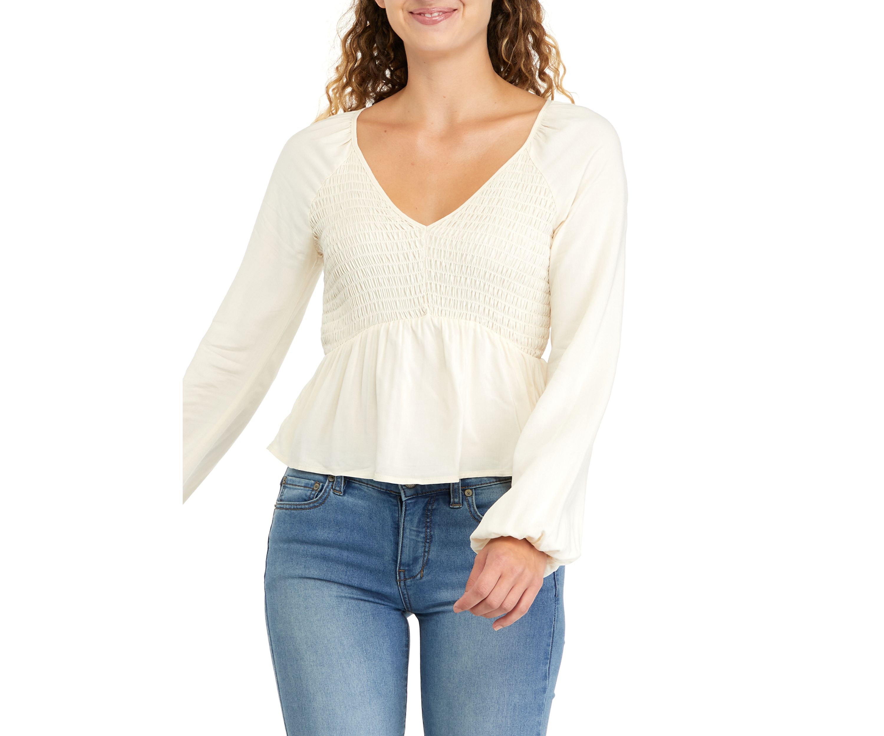 Juniors Long Sleeve Smocked Peplum Top