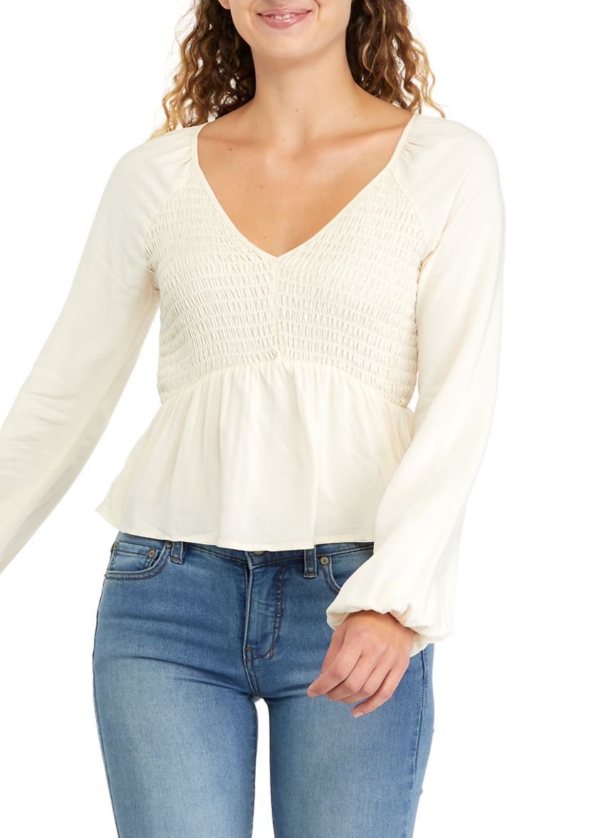 Juniors Long Sleeve Smocked Peplum Top
