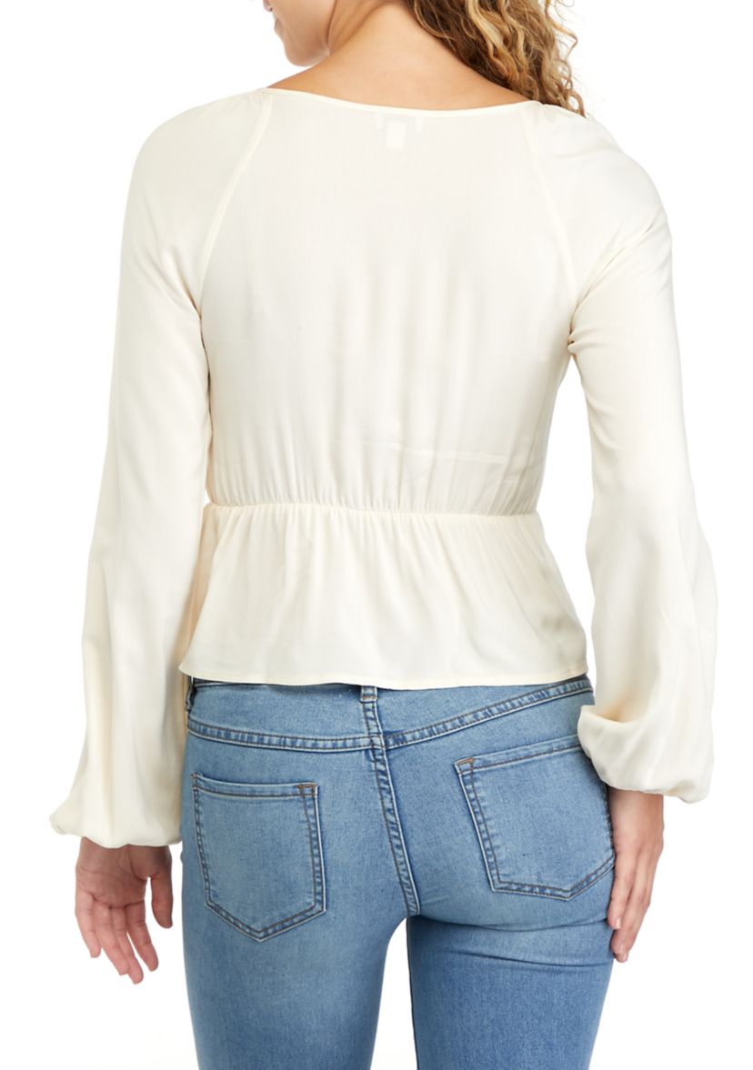 Juniors Long Sleeve Smocked Peplum Top