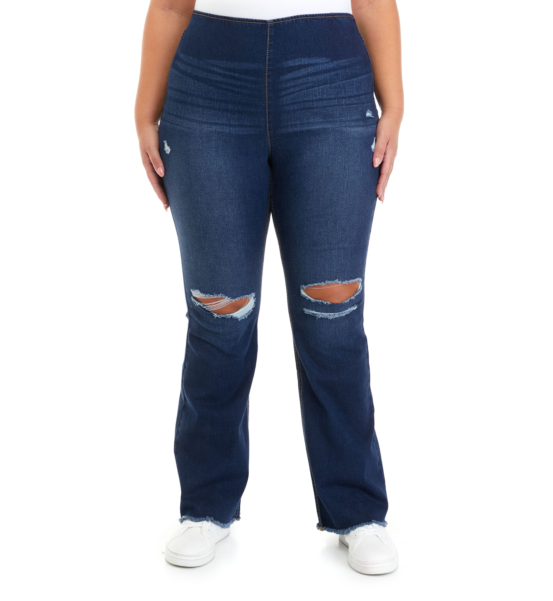 Plus Size Pull On Flare Jeans with Frayed Hem
