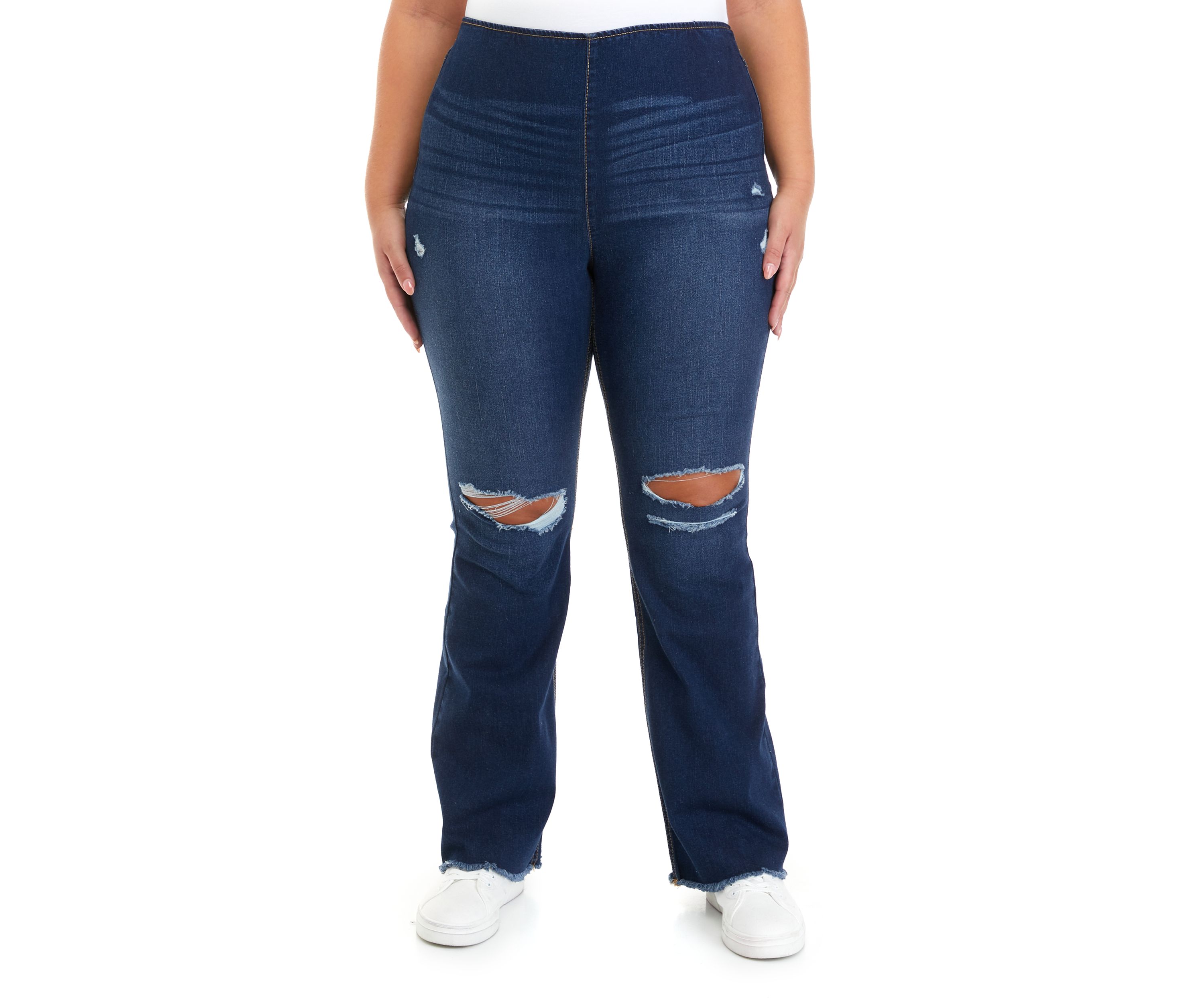 Plus Size Pull On Flare Jeans with Frayed Hem