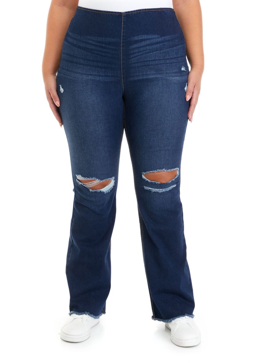 Plus Size Pull On Flare Jeans with Frayed Hem
