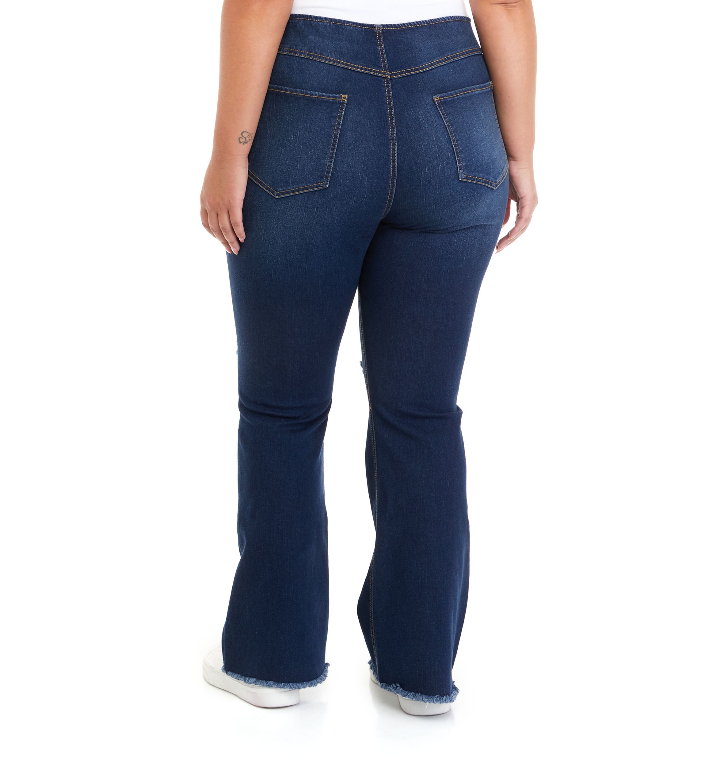 Plus Size Pull On Flare Jeans with Frayed Hem