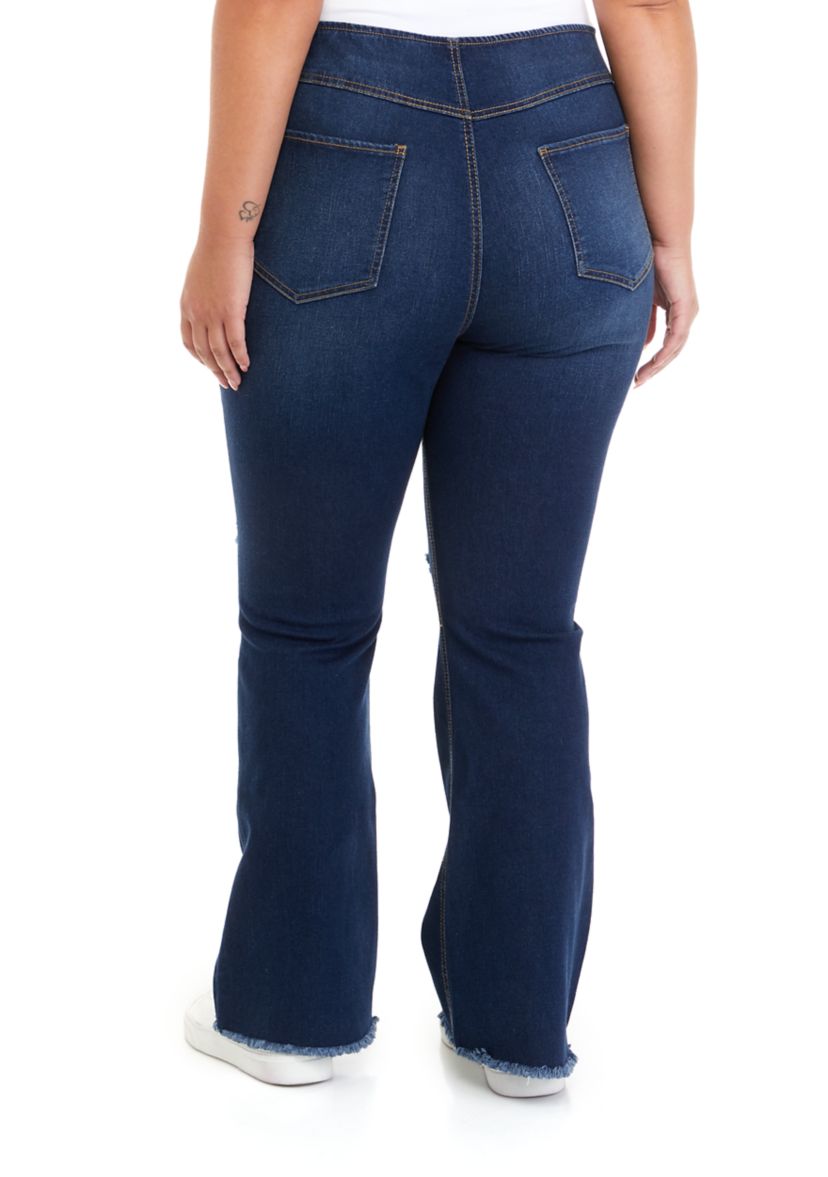Plus Size Pull On Flare Jeans with Frayed Hem