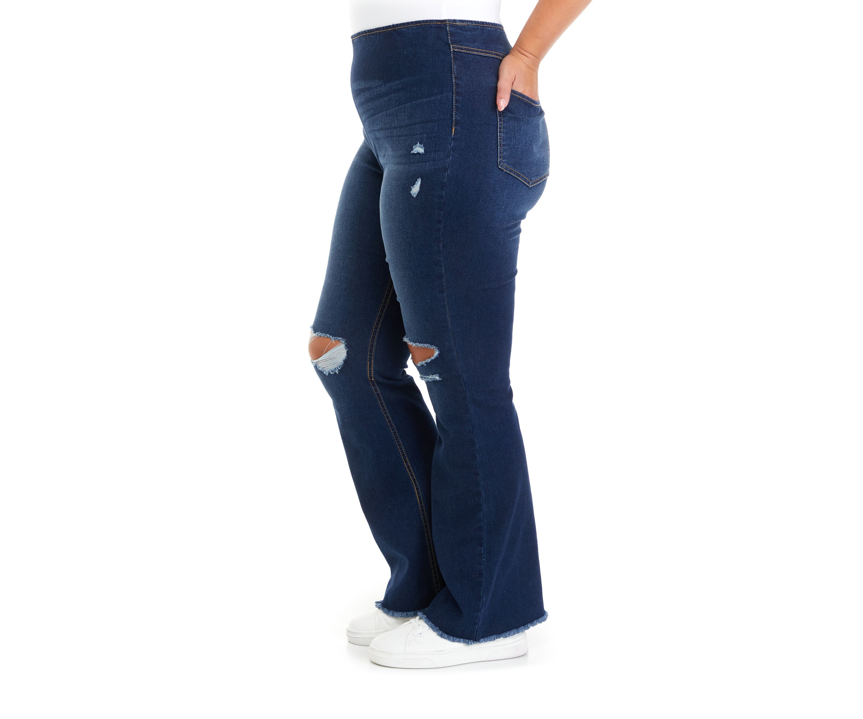 Plus Size Pull On Flare Jeans with Frayed Hem