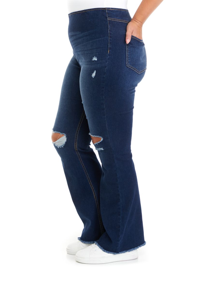 Plus Size Pull On Flare Jeans with Frayed Hem
