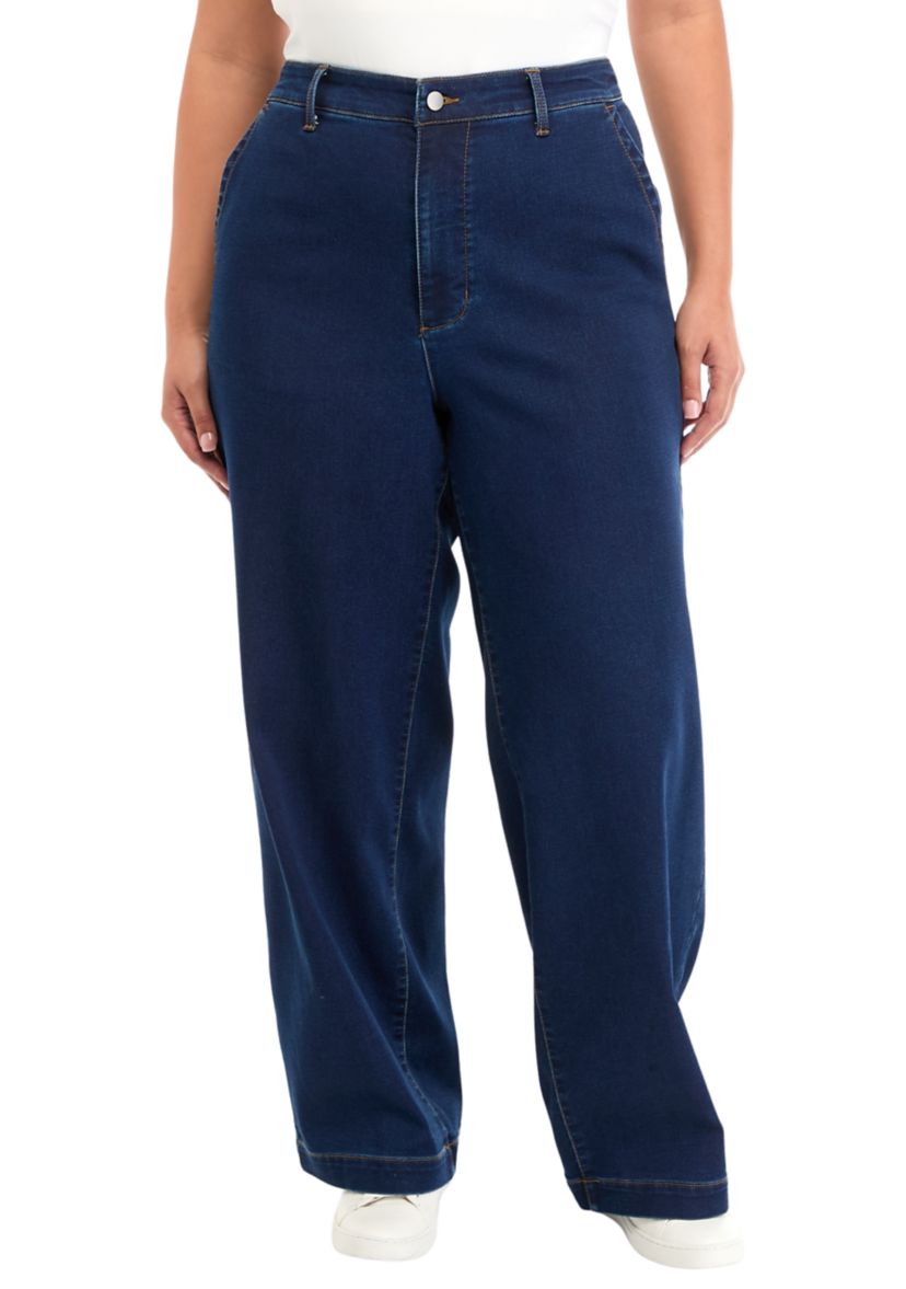 Plus Size Knit Denim Elastic Wide Leg Pants