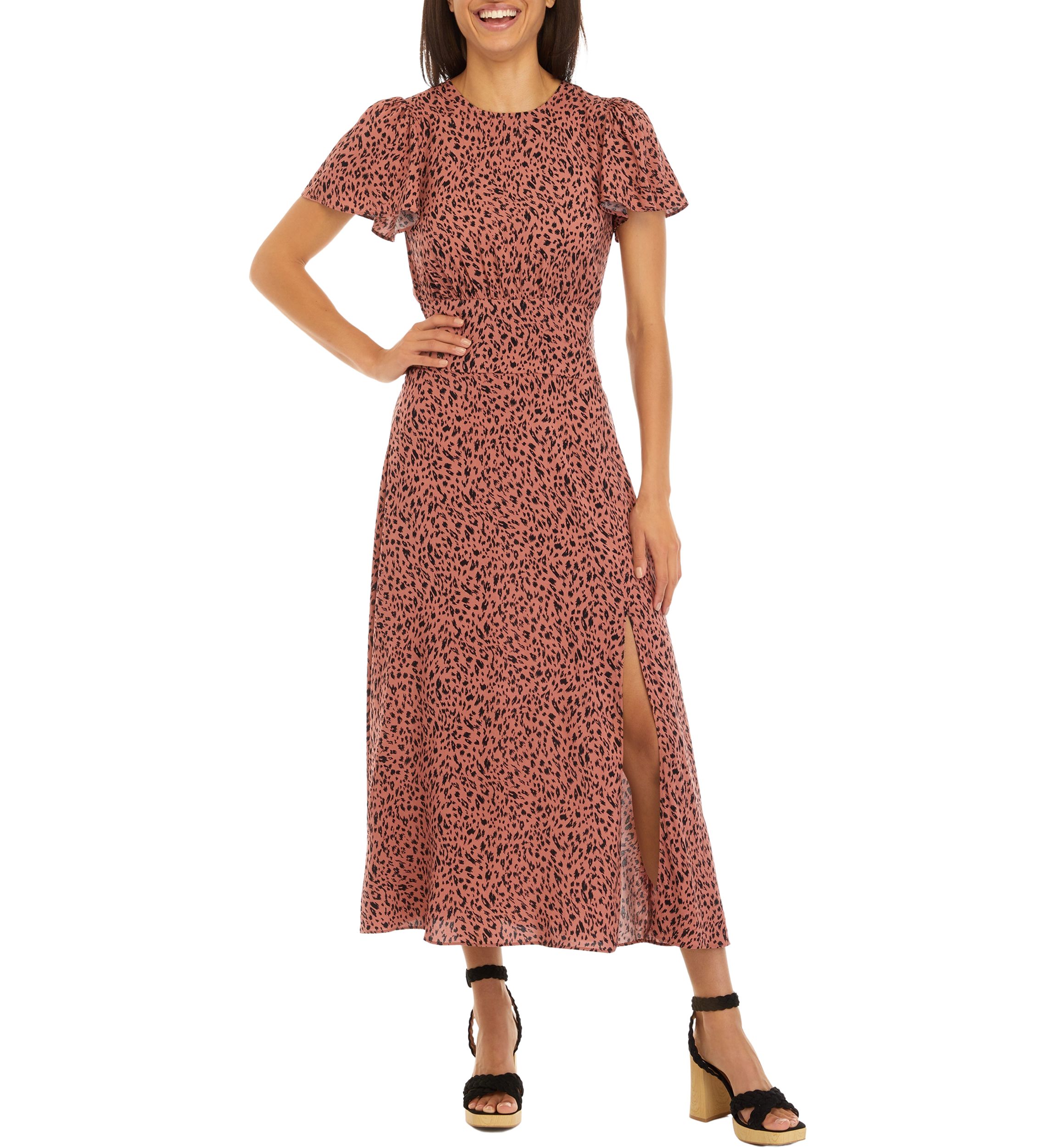 Womens Ruched Sleeve Printed Midi Dress