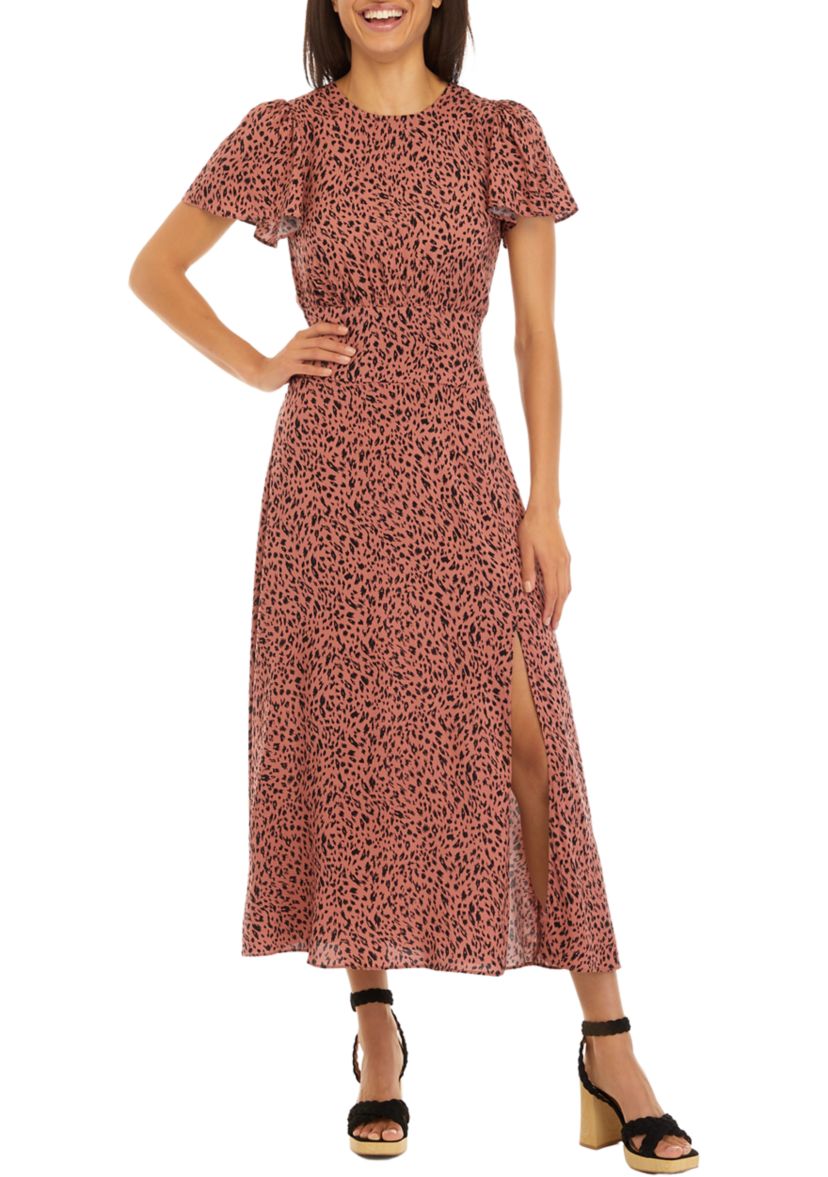 Womens Ruched Sleeve Printed Midi Dress