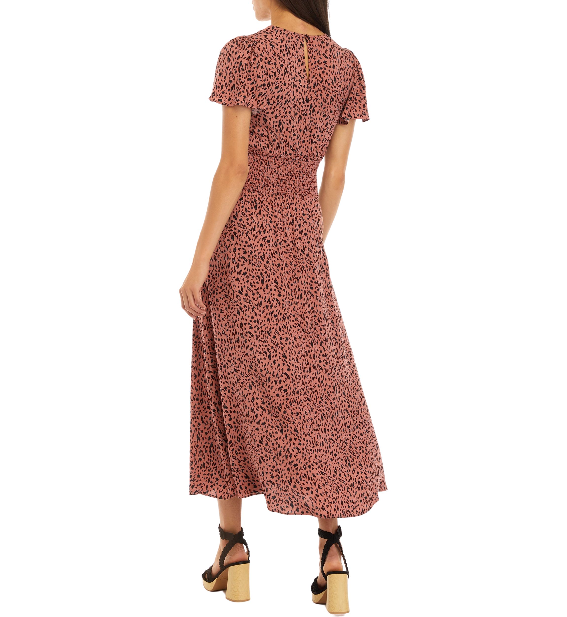 Womens Ruched Sleeve Printed Midi Dress