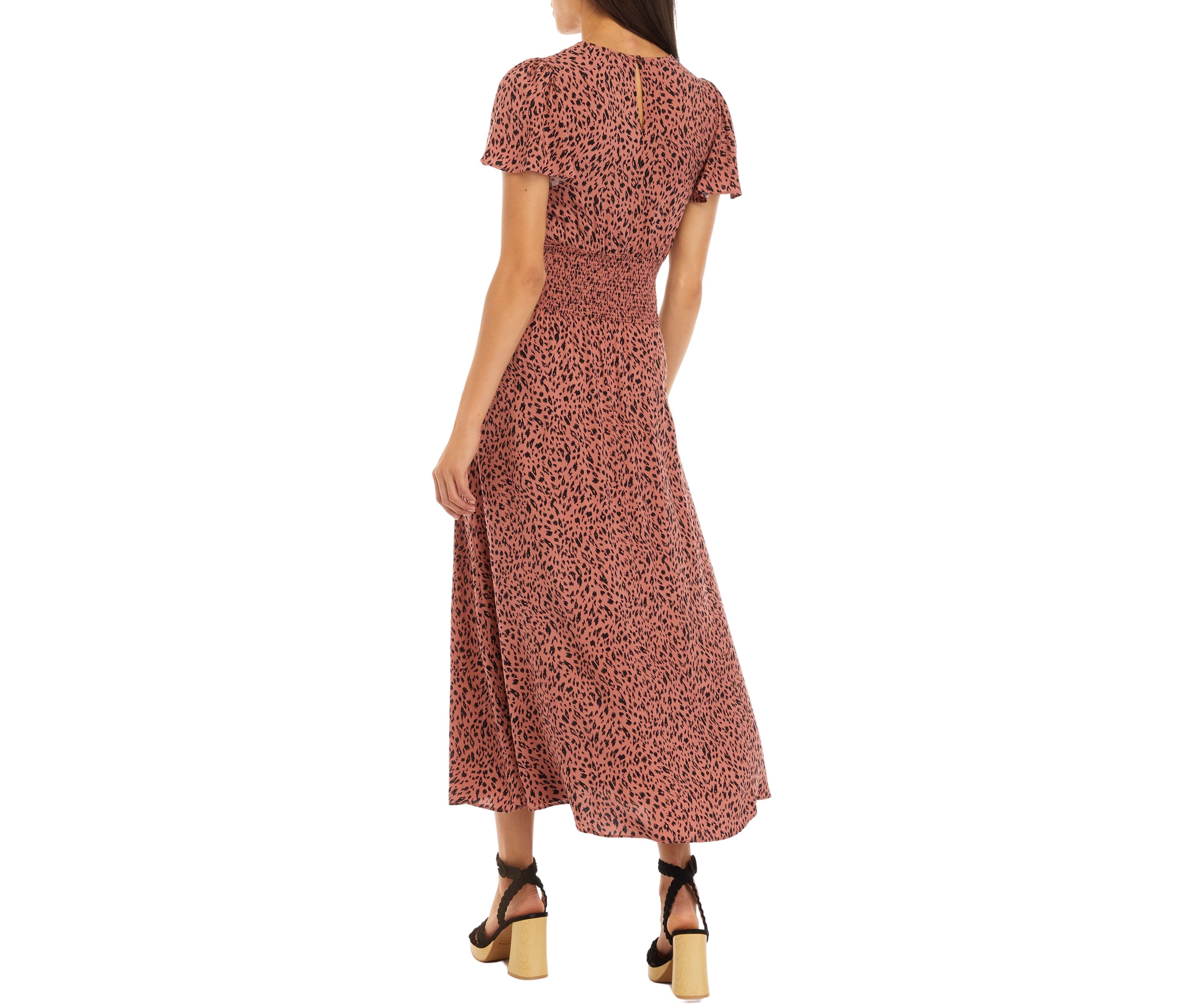 Womens Ruched Sleeve Printed Midi Dress