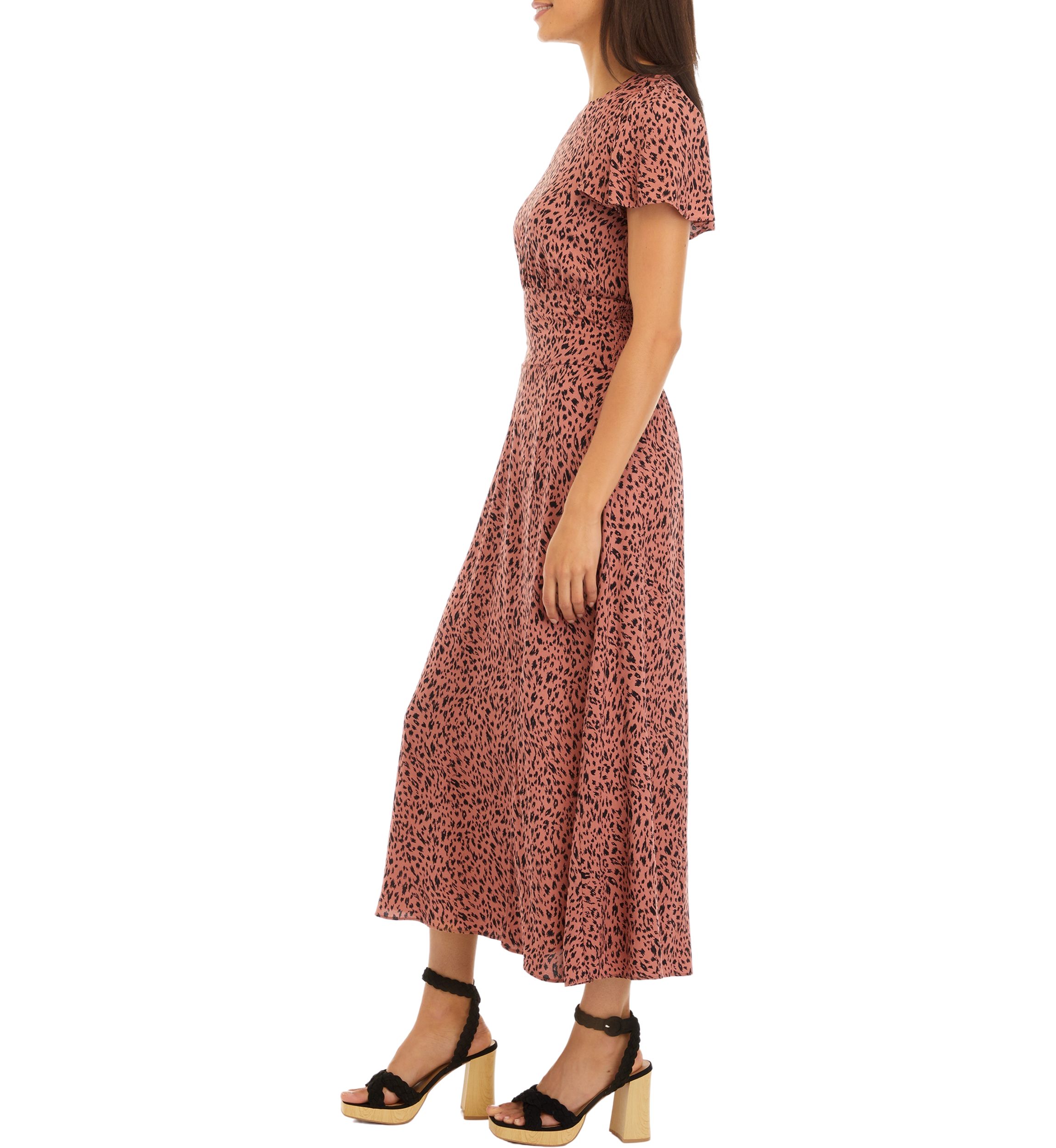 Womens Ruched Sleeve Printed Midi Dress