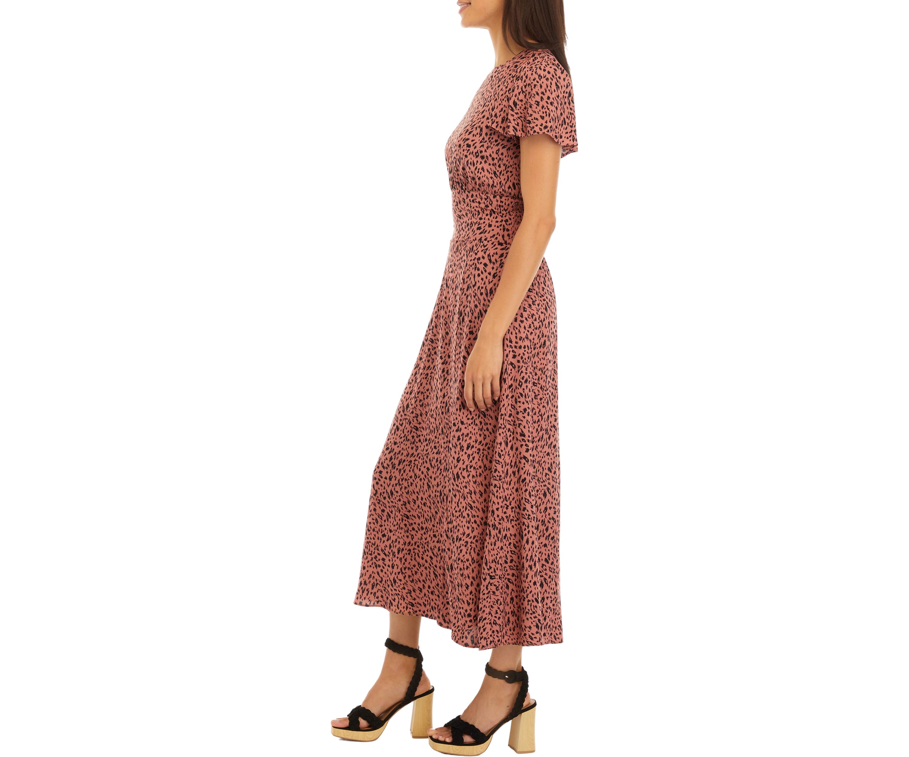 Womens Ruched Sleeve Printed Midi Dress
