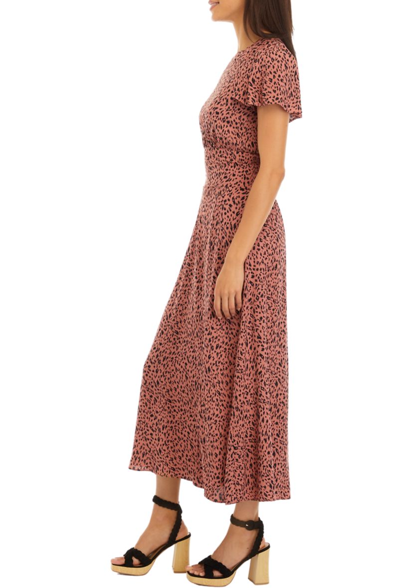 Womens Ruched Sleeve Printed Midi Dress