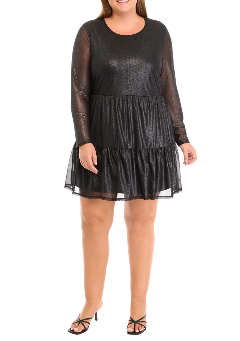 Plus Size Tiered Mesh Foil Dress
