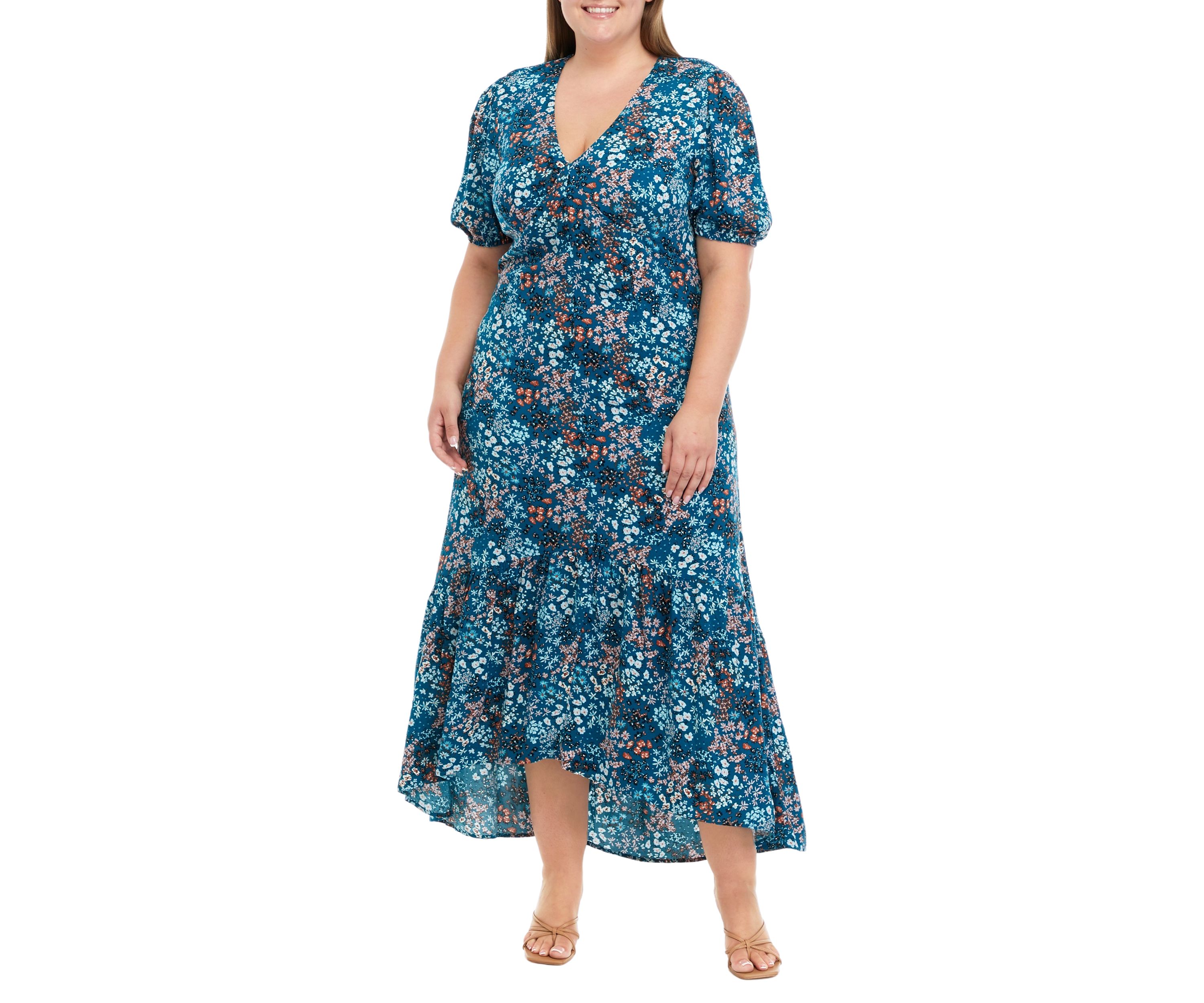 Plus Size Puff Sleeve Floral Midi Dress