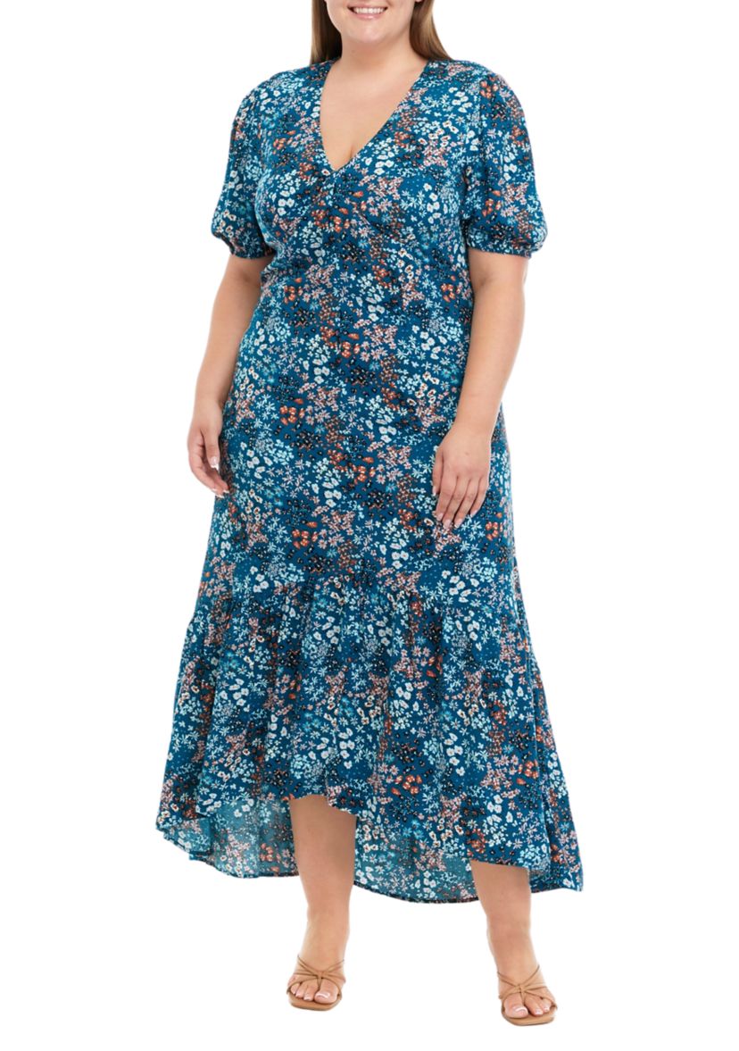 Plus Size Puff Sleeve Floral Midi Dress