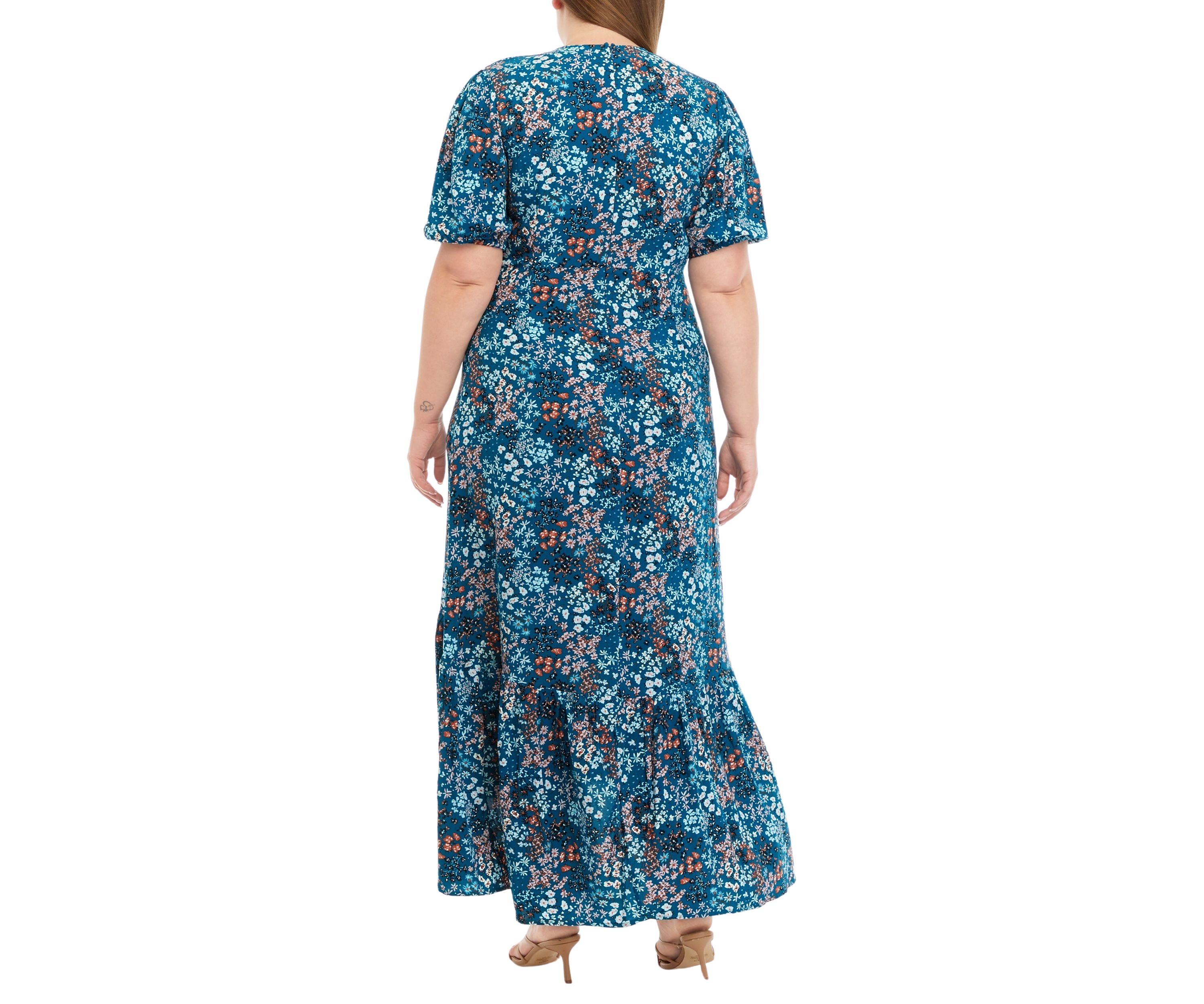 Plus Size Puff Sleeve Floral Midi Dress