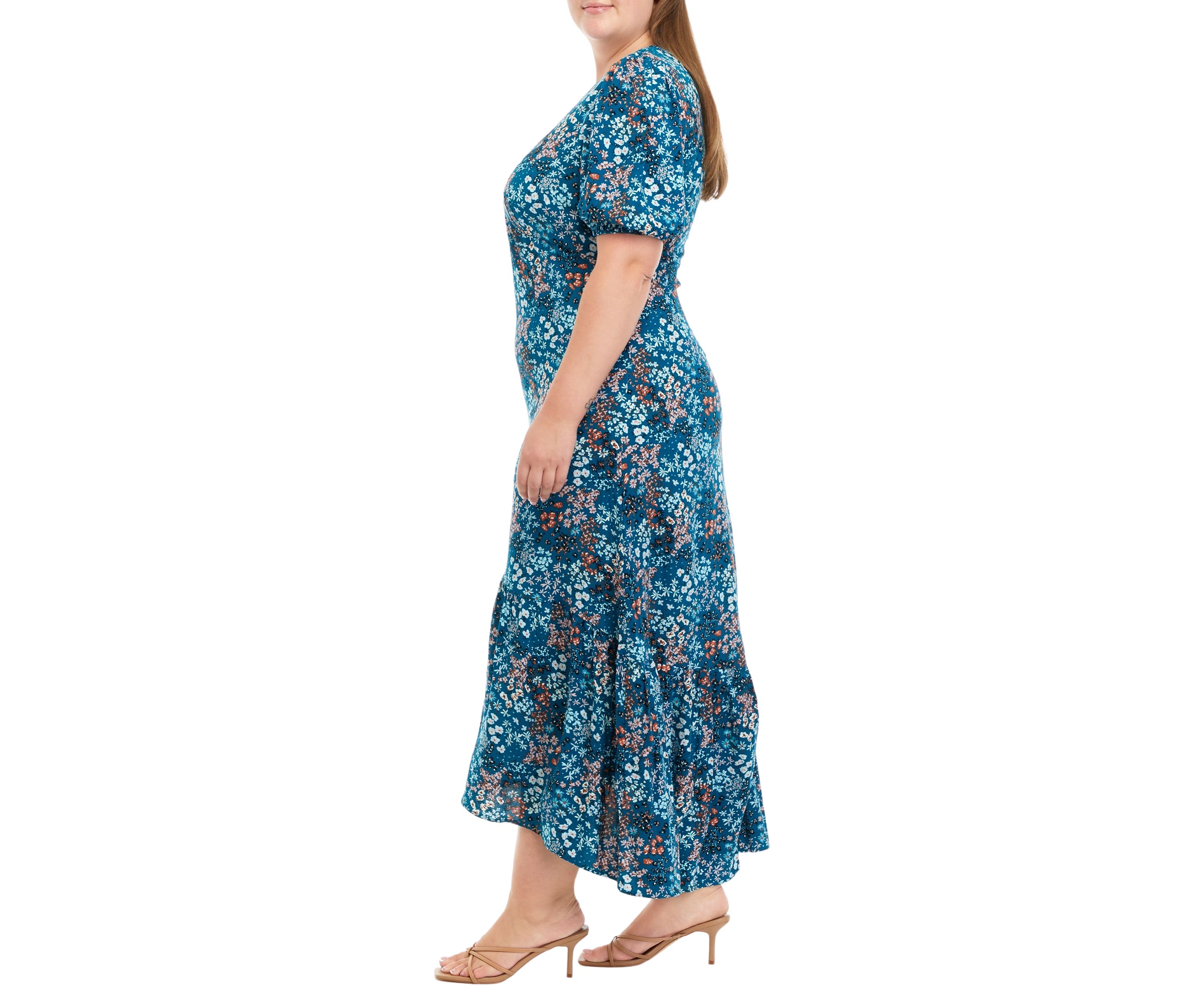 Plus Size Puff Sleeve Floral Midi Dress