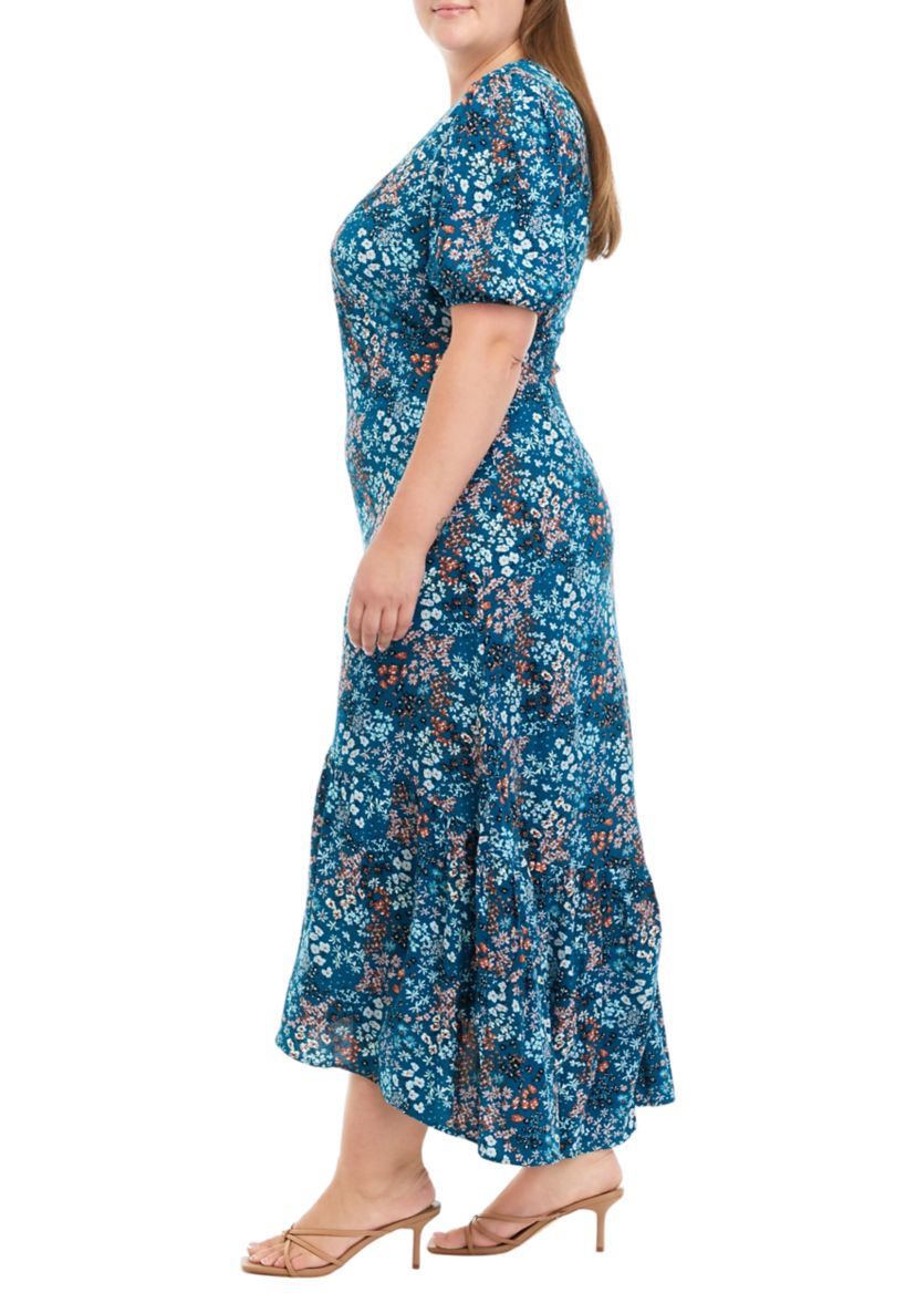 Plus Size Puff Sleeve Floral Midi Dress