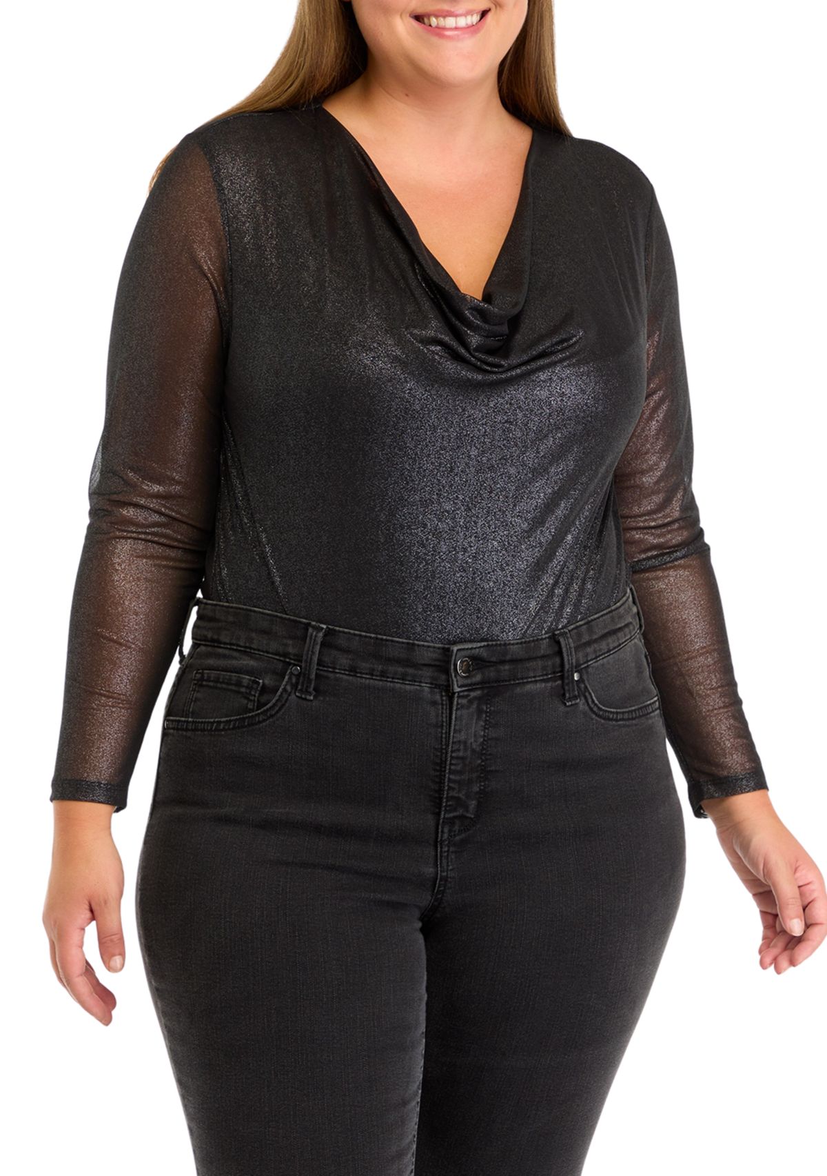 Plus Size Mesh Printed Drape Bodysuit