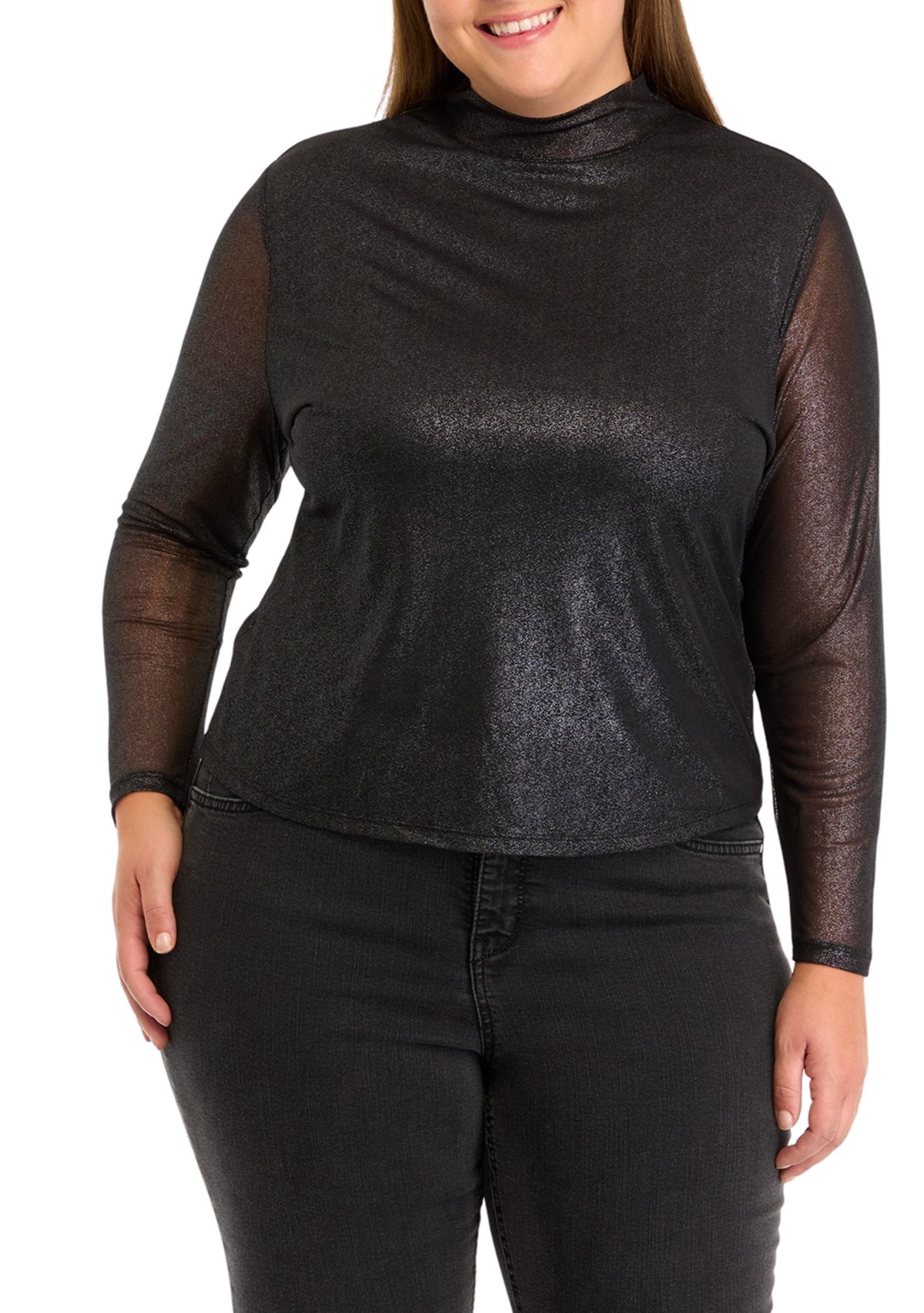 Plus Size Mesh Mock Neck Knit Foil Top