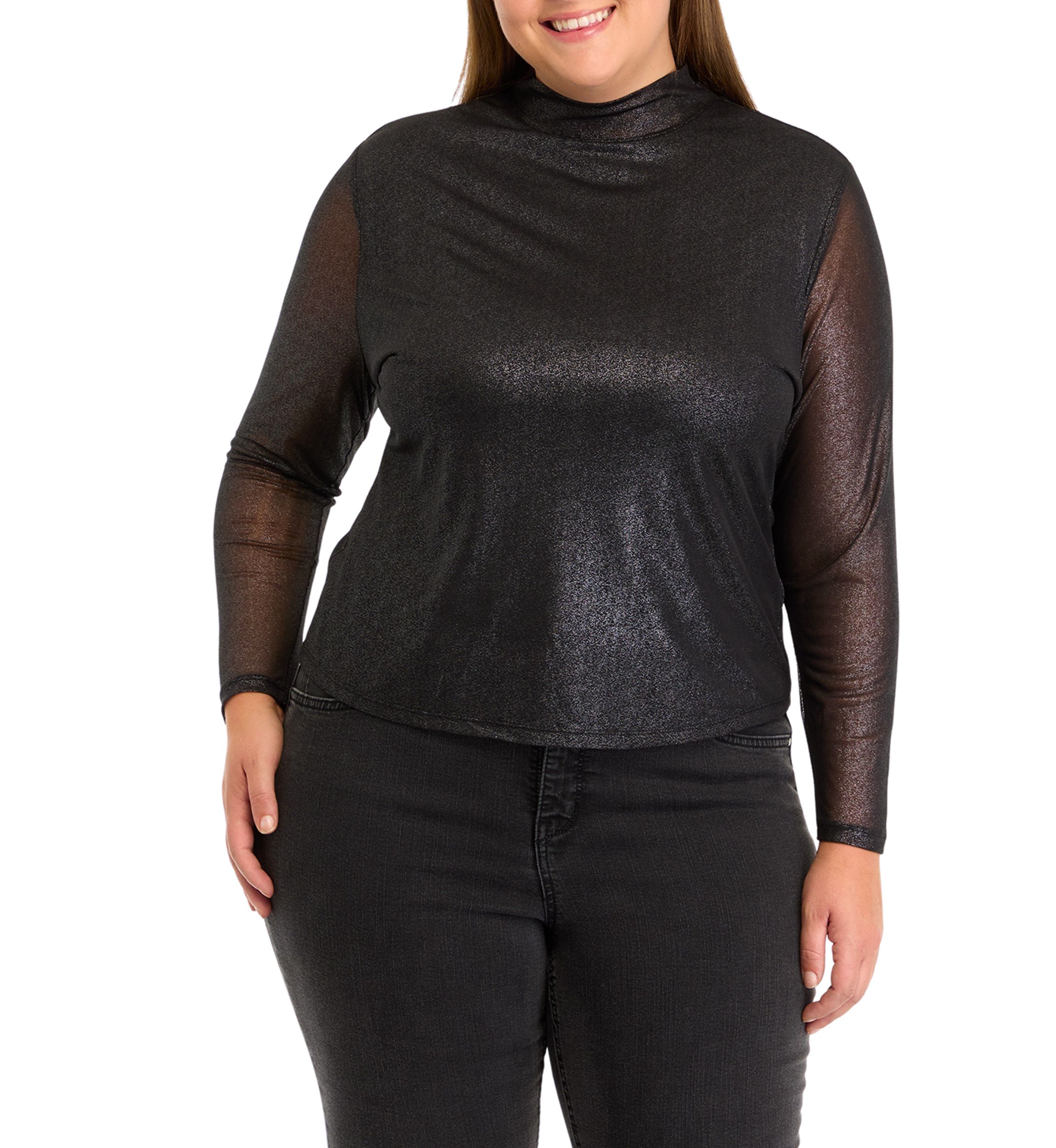 Plus Size Mesh Mock Neck Knit Foil Top